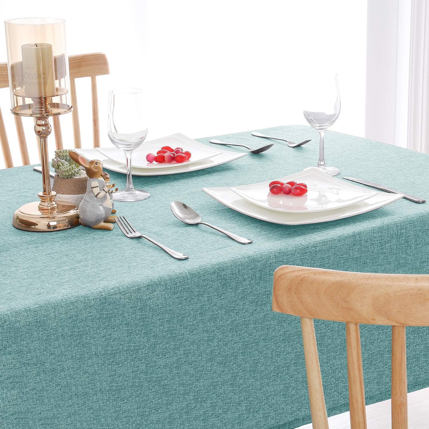 Hiasan 2 Pack Faux Linen Rectangle Tablecloth - Wrinkle and Stain Resistant Washable Table Cloth for Kitchen Dining Room Holiday Table Cover for Party Dinner, Aqua, 60 x 84 Inch