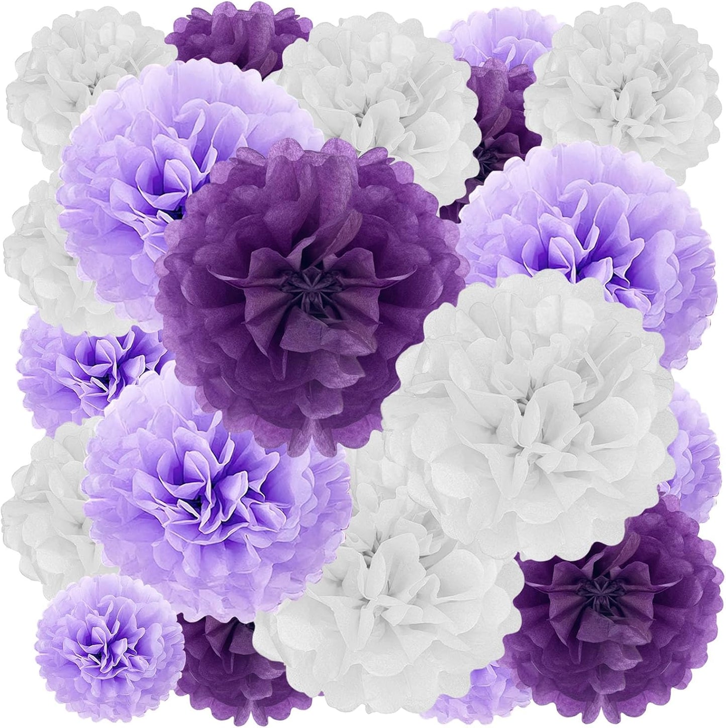 Tissue Paper Pom Poms, Purple White Tissue Paper Flowers, Hanging Flower Balls for Weddings Fiesta Parties Birthday Baby Showers Classroom Bridal Shower Decoration (18Piece Set-6/10/12/14Inch)