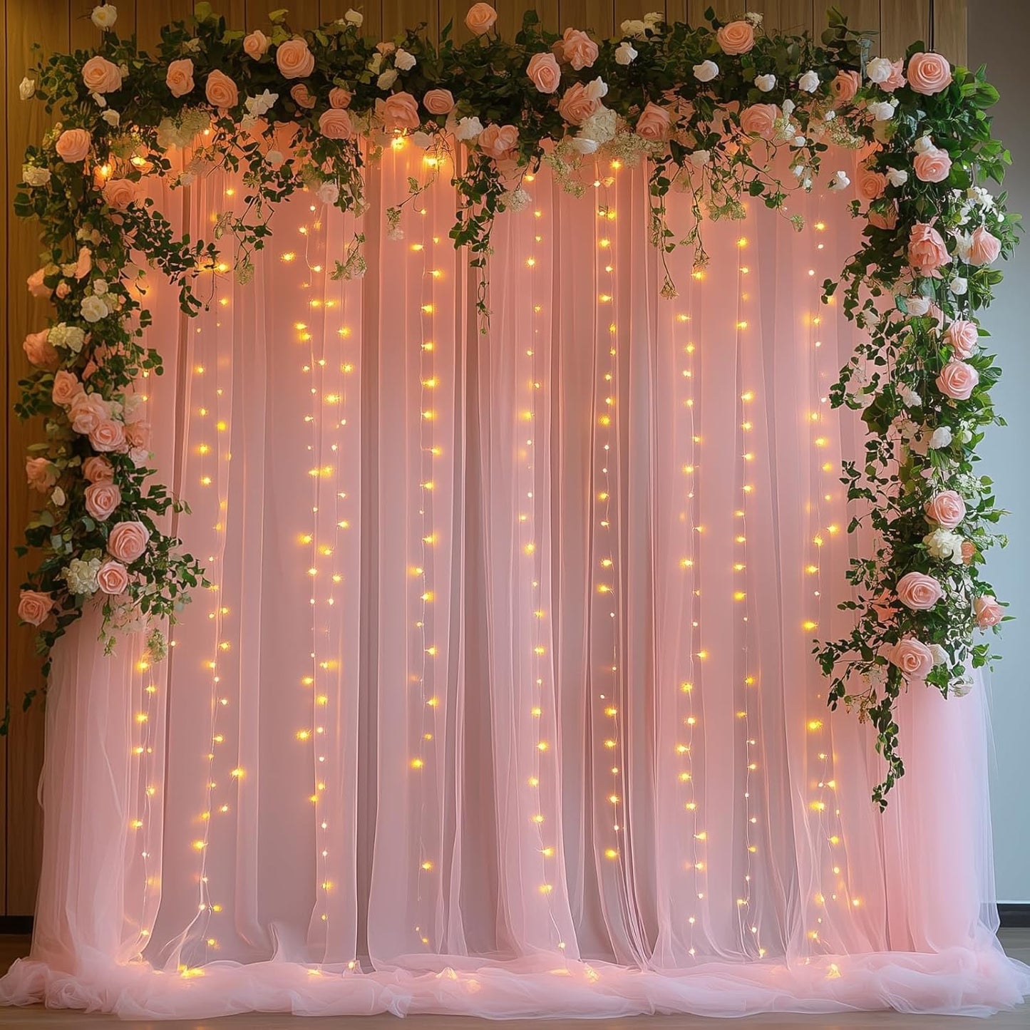 10x10ft Pink Tulle Backdrop Curtain with String Lights, Wrinkle-Free Sheer Wedding Backdrop for Birthday Parties, Baby Showers, Bridal Showers, Photo Shoots and Home Decorations, Pink