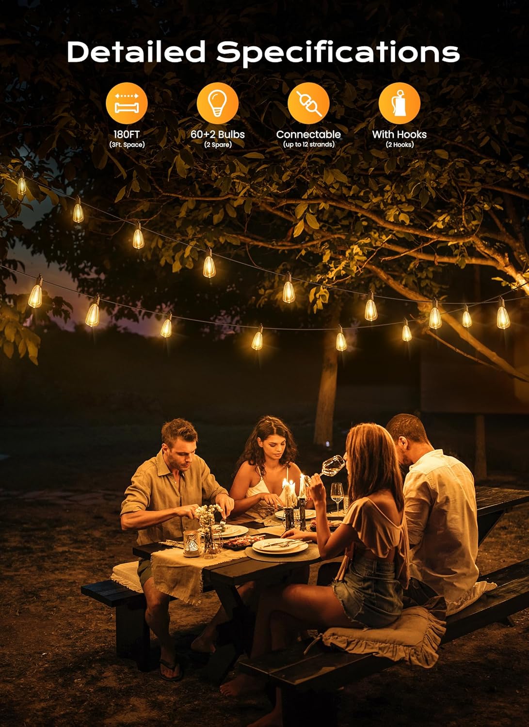 Brightown Outdoor String Lights, 180FT 60+2 LED ST38 LED Patio Lights Shatterproof, Dimmable IP65 Waterproof Connectable Hanging Outdoor Light for Backyard, Porch, Deck, Balcony