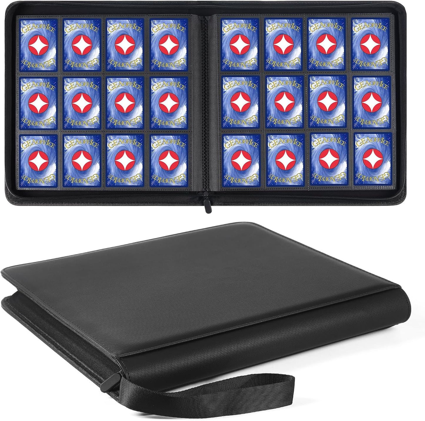 GEAoffice Trading Card Binder 12 Pocket Hold 720 Cards, Premium PU Cover Zipper Collection Binder, Ringless Sturdy Side Loading Card Album Folder for YuGiOh, MTG, TCG, Game & Sports, Non-PVC, Black