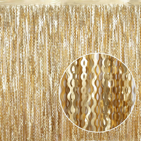 4 Pack Wavy Champagne Gold Metallic Tinsel Foil Fringe Curtains Backdrop - 3.3X6.6ft Foil Fringe Backdrop for Parties | Door Streamers for Birthday | Photo Booth Backdrops Party Decor