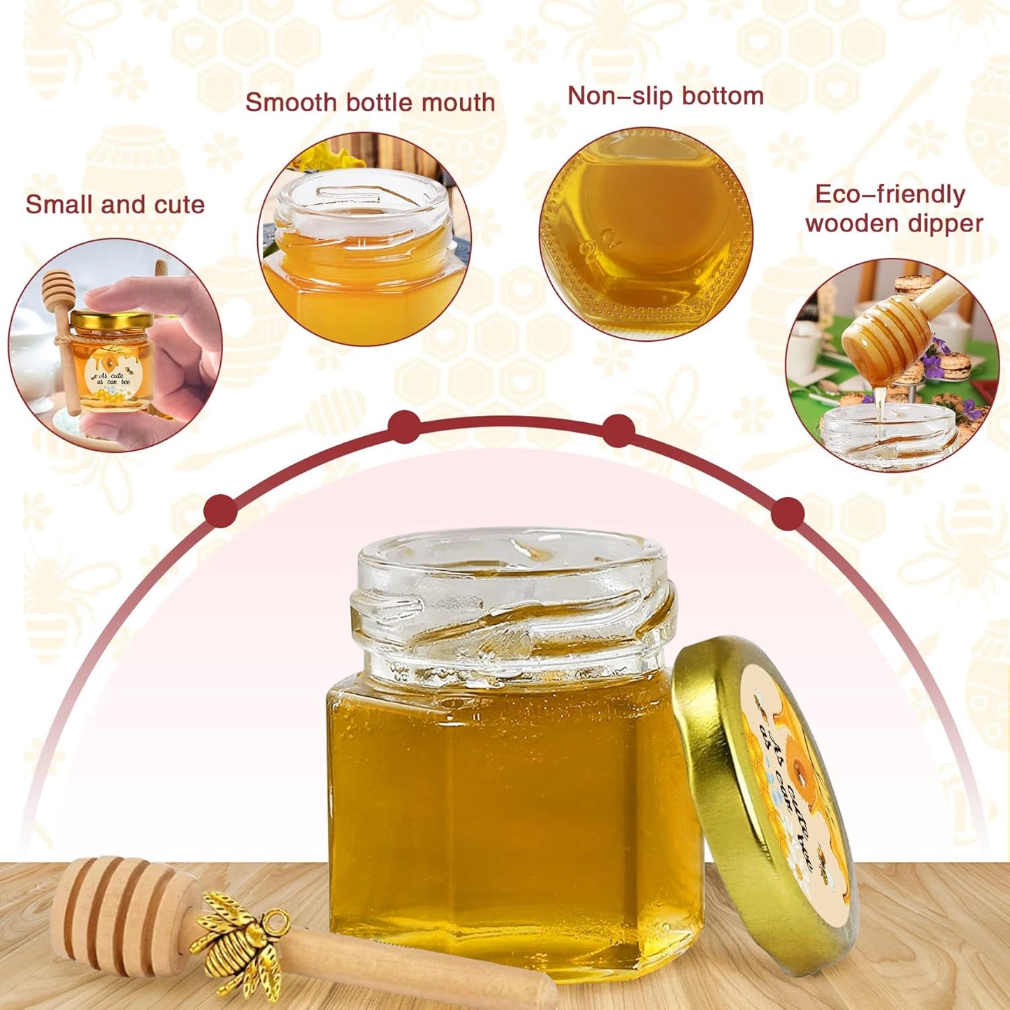Aliggbent 96 Pack Mini Honey Jars Party Favors in Bulk, 1.5 oz Small Hexagon Glass Honey Jars with Dippers, Lids, Cute Stickers, Bee Charms, Gift Bags and Jute for Baby Showers, Weddings & Birthdays