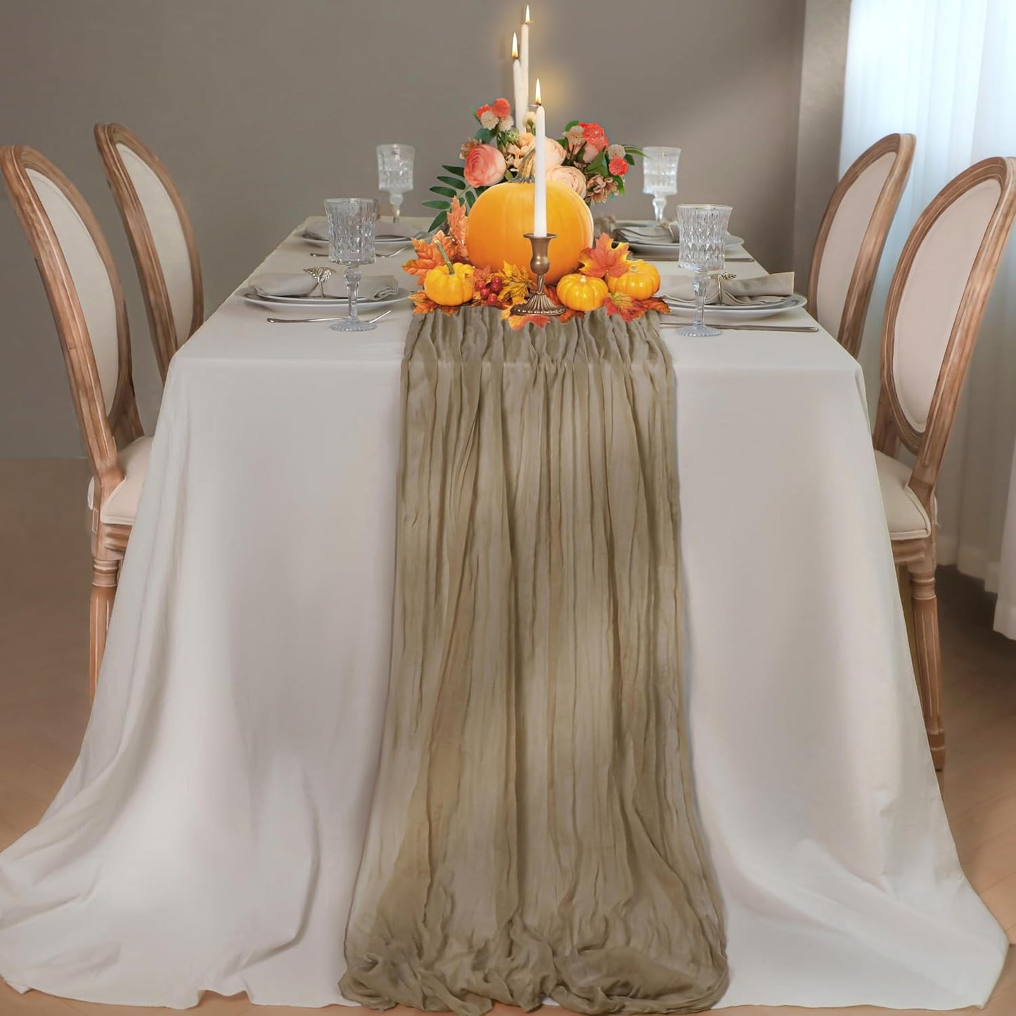 Snowkingdom 10 FT Nude Brown Cheesecloth Table Runner, 120 inch Long Cheese Cloth Boho Rustic Gauze Sheer Runner for Wedding Party Baby Shower Birthday Christmas Holiday Table Decorations