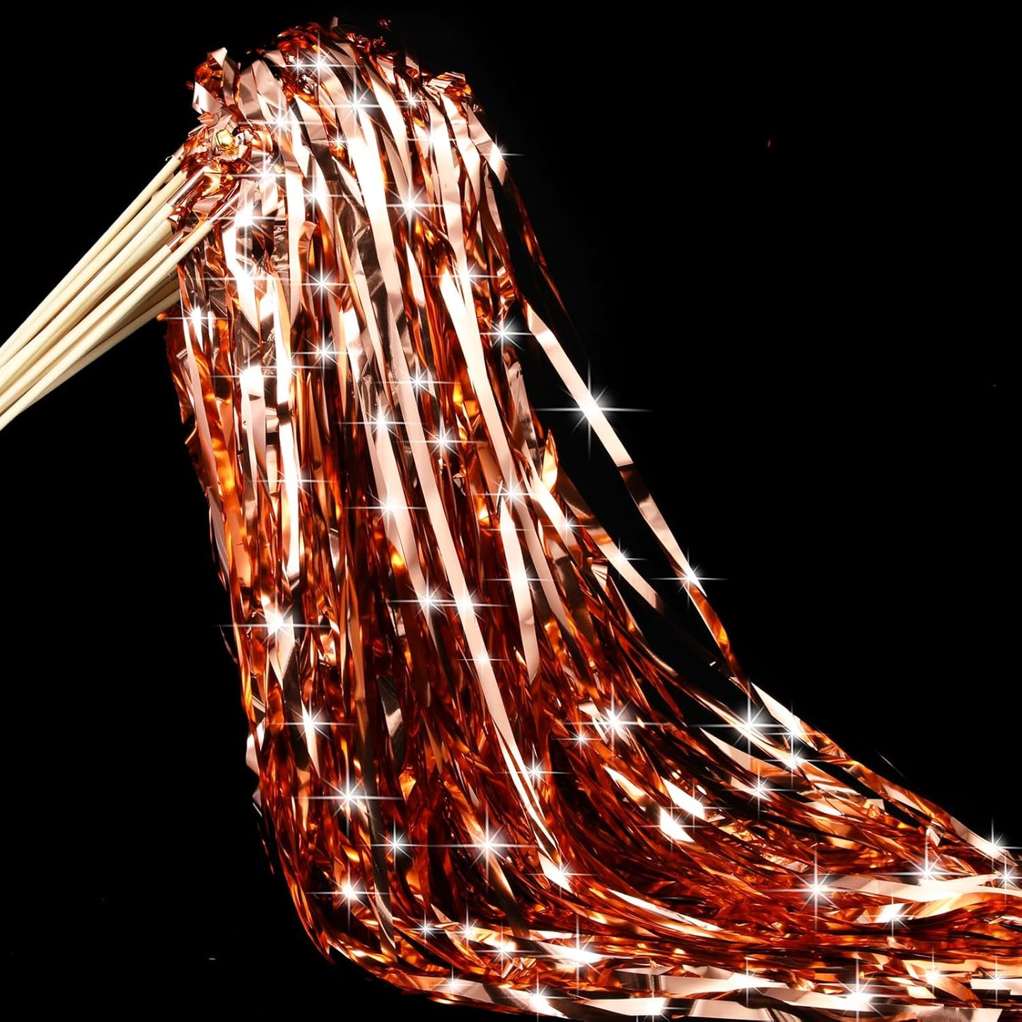 50 Pcs Wedding Fairy Wands with Bells Foil Tinsel Ribbon Stick Wands Tinsel Party Streamers with Bell Glittery Bridal Wedding Send Off Ideas Holiday Celebration (Rose Gold)