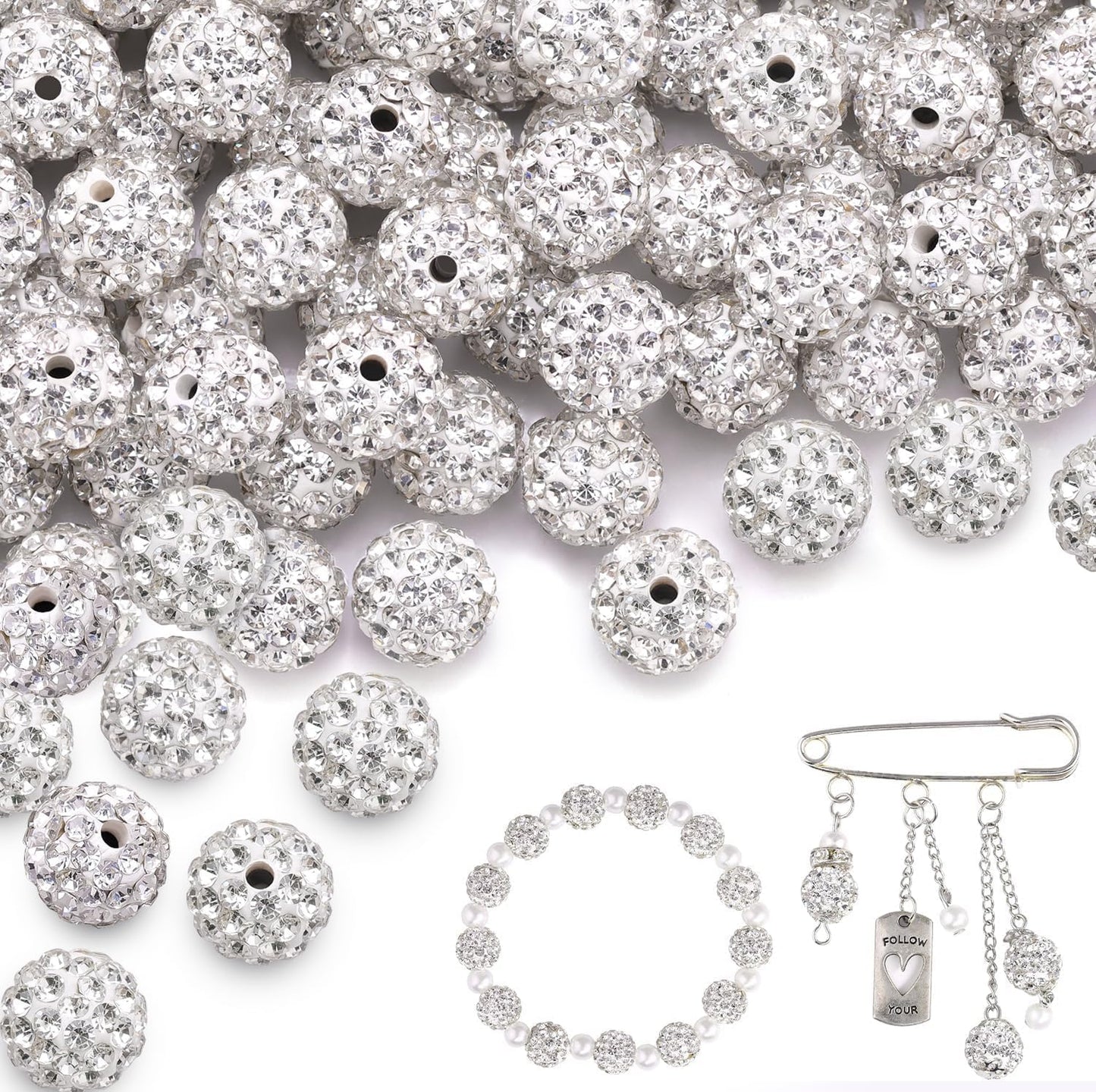 200pcs 10mm White Rhinestone Beads for Jewelry Making, Shiny Round Shamballa Disco Ball Beads Bulk, Sparkle Crystal Clay Christmas for Bracelet Baseball Necklace Earring Crafting and DIY