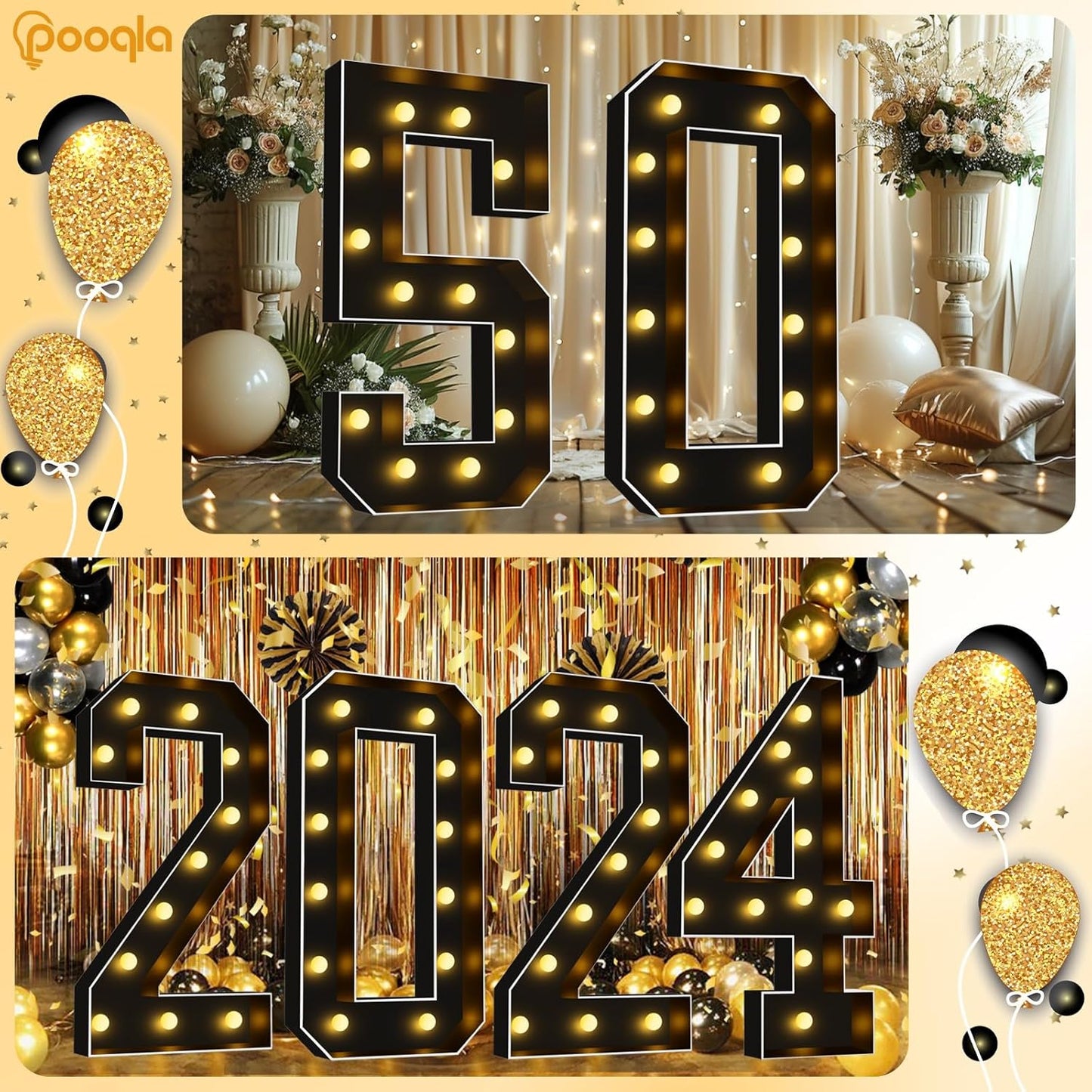 Pooqla 4 FT Light Up Marquee Numbers, Black Marquee Number Lights 4 Feet Tall for 4th 14th 40th Birthday, Giant Letter Big Mosaic Numbers for Balloons Party Anniversary Wedding Decorations, Number 4