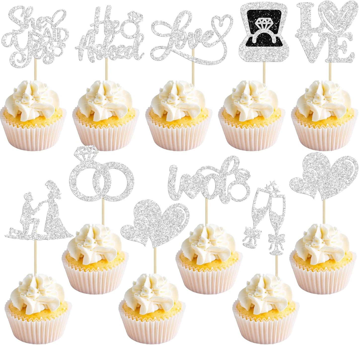 Ephlyn 30Pcs He Asked She Said Yes Cupcake Toppers Glitter Engagement Cupcake Toppers Diamond Ring Heart Love I Do Cupcake Picks for Engagement Wedding Party Cake Decorations Silver