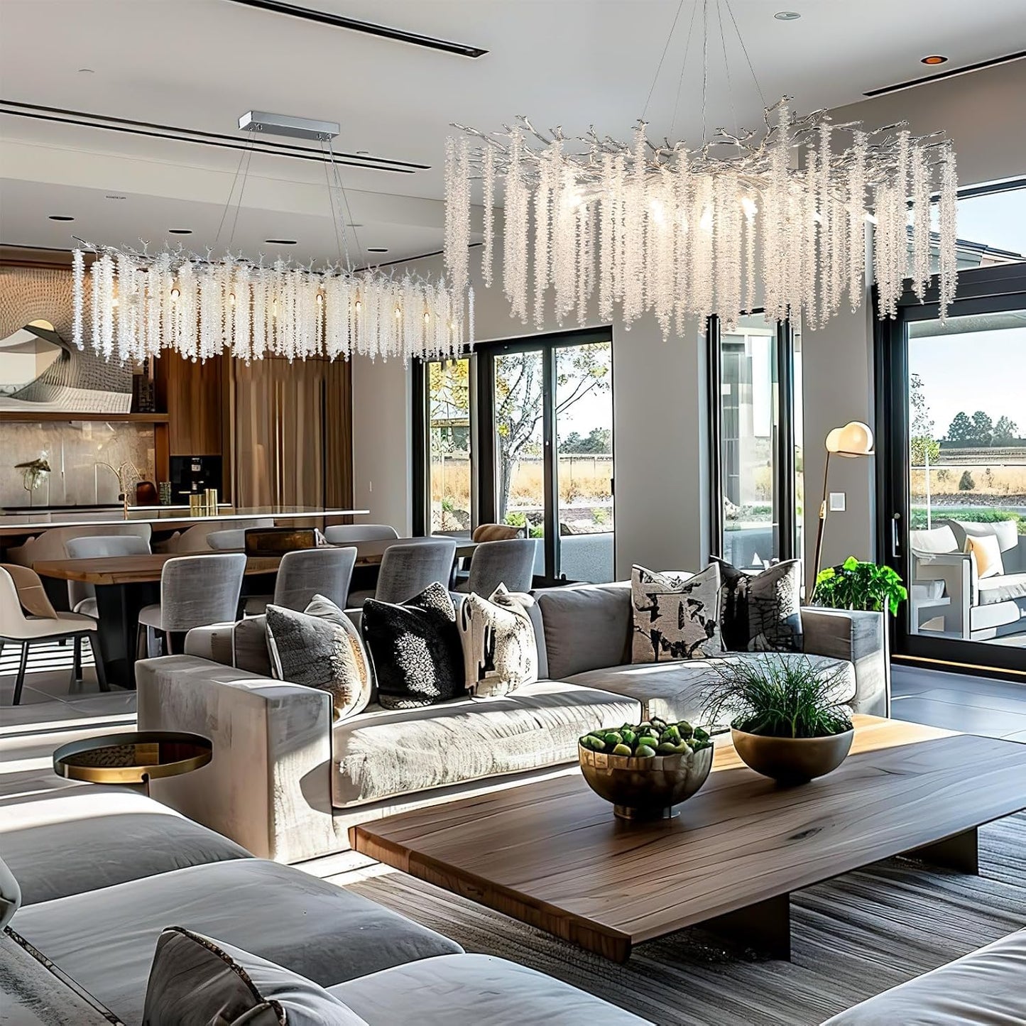 YUYI Modern Crystal Chandelier, 60" Silver Tree Branch Chandelier for Dining Room, Large Rectangular, Luxury High Ceiling Light Fixture for Living Room, Kitchen, Foyer