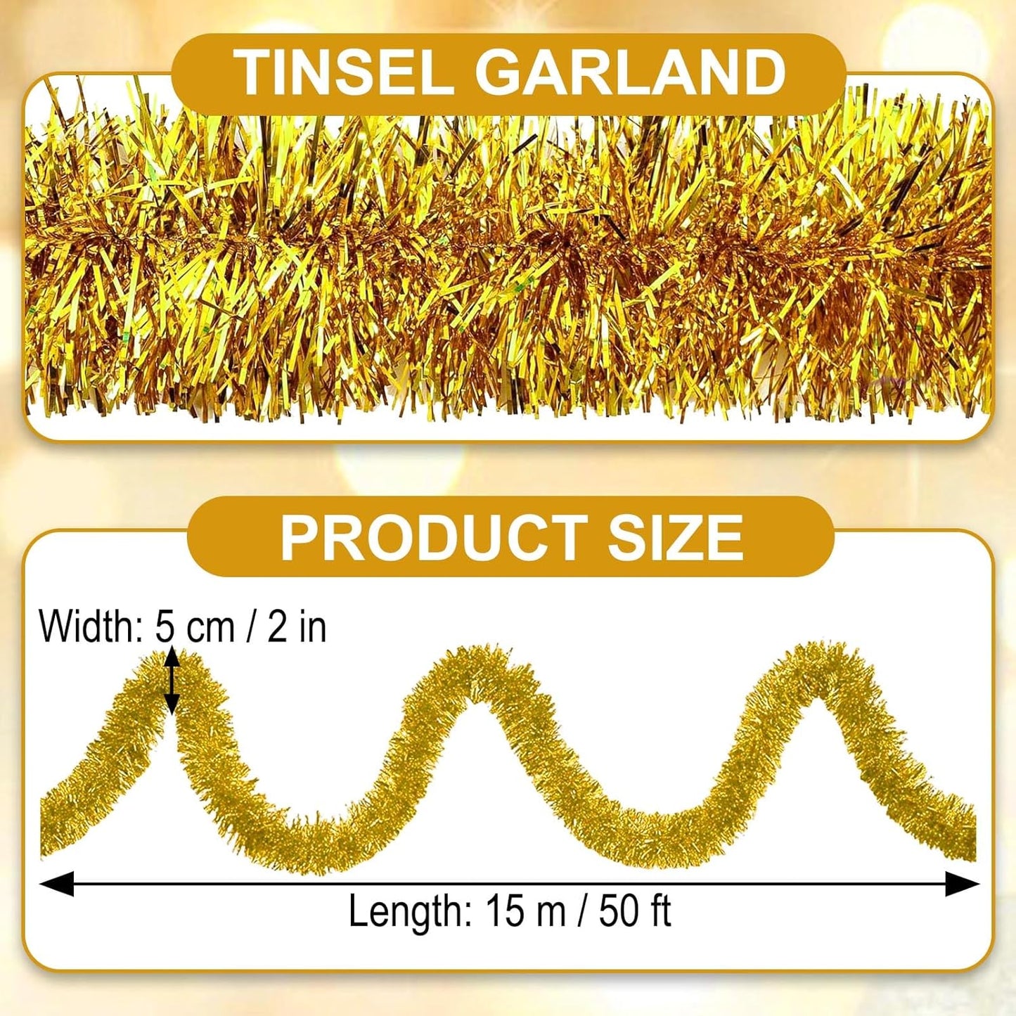 50 Feet Gold Christmas Tinsel Garland, Metallic Foil Twist Garland Wall Hanging Tinsel Banner Backdrop for Parade Floats, Easter, Mother's Day, Wedding Party Decorations (2in x 50ft)