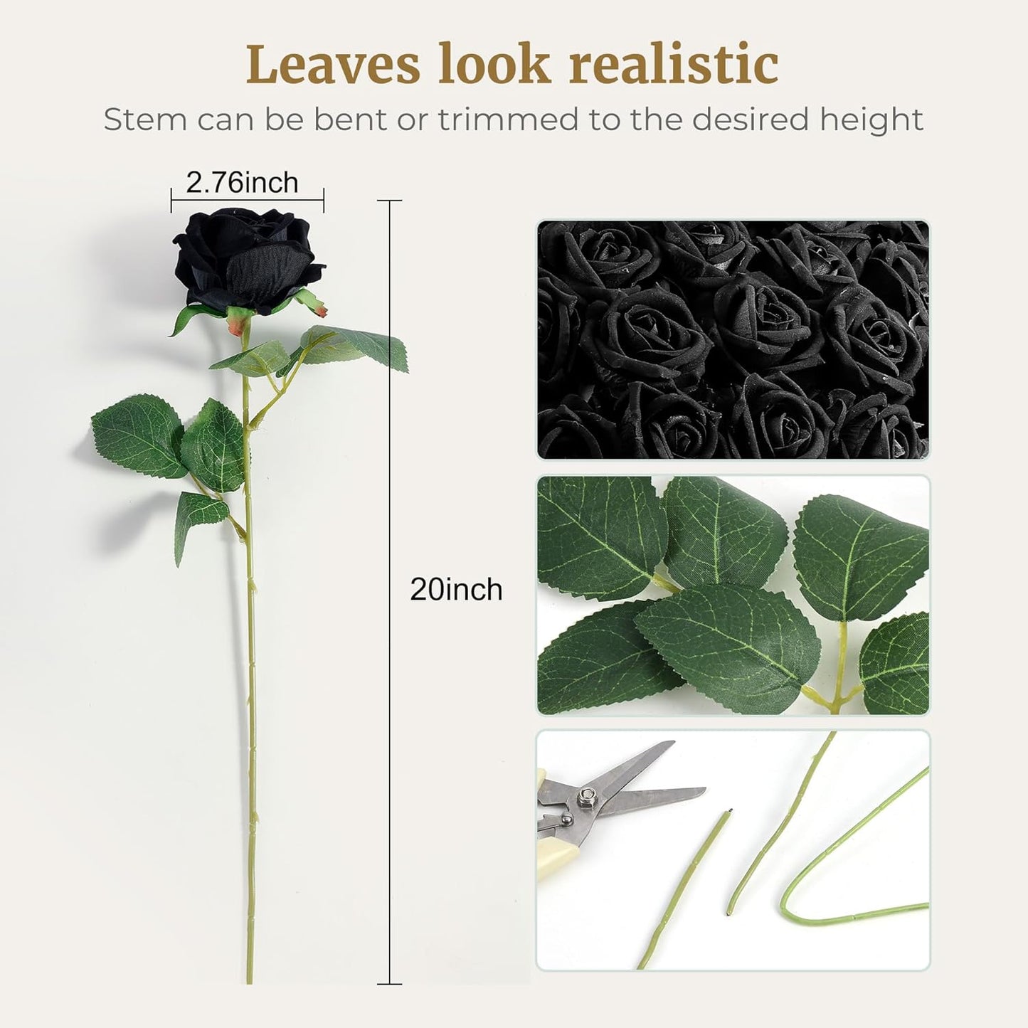 Auihiay 60PCS Black Fake Roses, Velvet Silk Artificial Roses, Realistic Roses Flowers for Photo Shoots, Wedding Centerpieces, Bridal Bouquets, Anniversary, Valentine's Day, Halloween Decorations