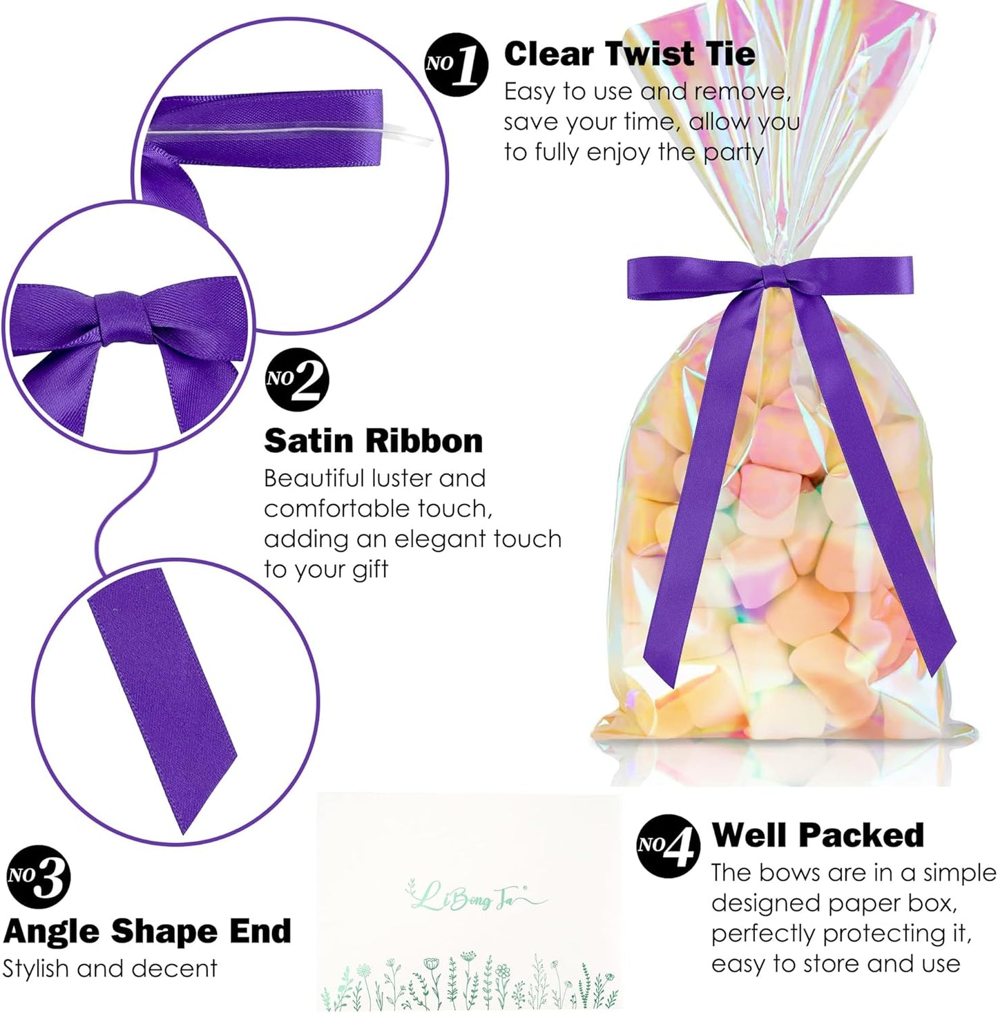 50 PCs Purple Bow 5 Inch Long Tail Bows for Gift Wrapping, Easter Bow Party Decorations, Twist Tie Bows, Satin Bows for Crafts, Premade Bows for Presents, Treat Bags, Bottles, Cakes