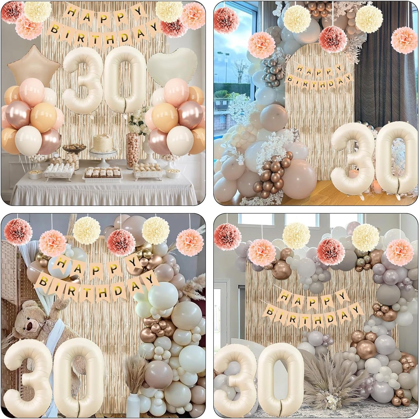 Beige 30th Birthday Decorations for Her Cream Number 30 Balloon Nude Gold Happy Birthday Banner Fringe Curtain Paper Pom Poms Blush White Sand Champagne Star Foil Balloons Neutral Boho Party Decor