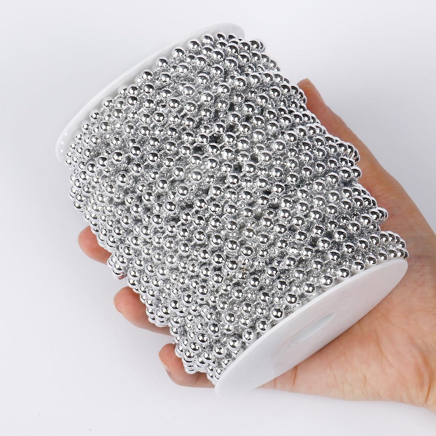 [98 Feet] Silver Pearl Beads Garland, 6MM 33 Yards Silver Faux Pearl Beads String Roll Bulk for DIY Craft Christmas Tree Wedding Party Decoration