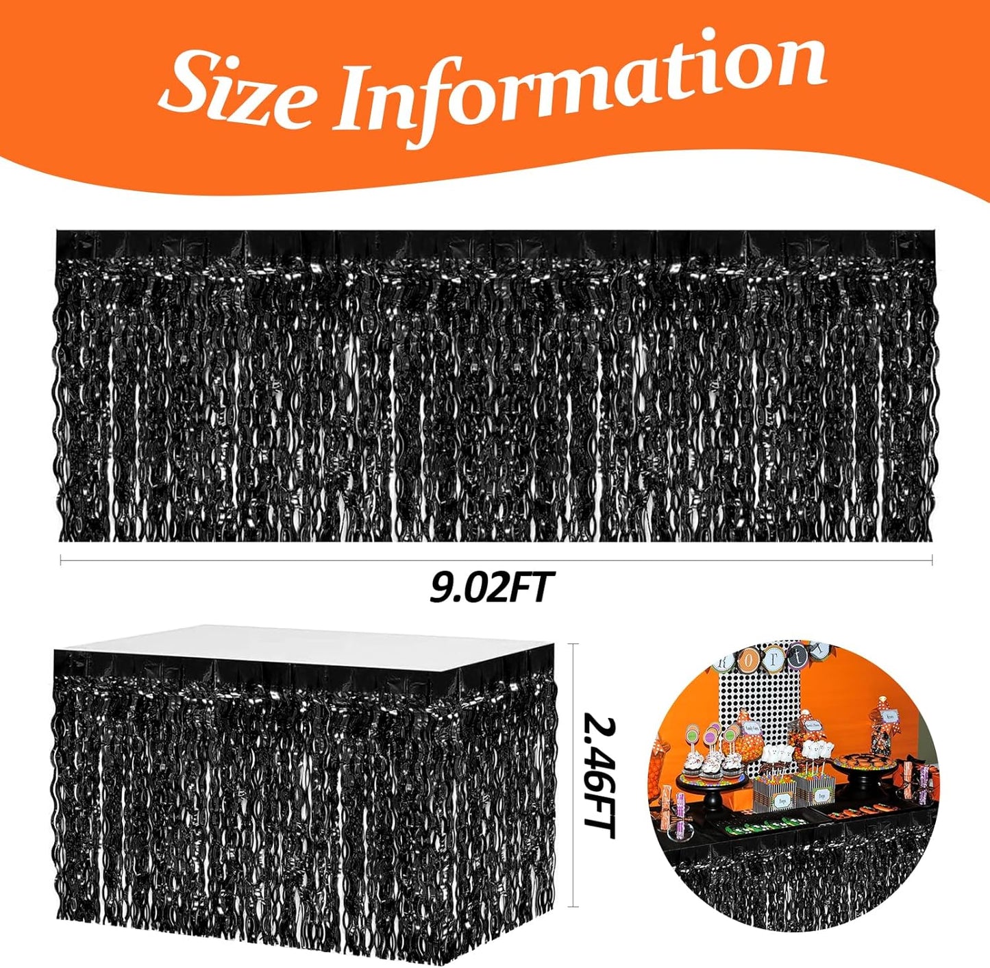 4P Wavy Metallic Tinsel Foil Fringe Table Skirts for Rectangle Tables Backdrop Garland Curtains for Parade Floats Wedding Birthday Parties Decoration Graduation 2025 Christmas (Black)