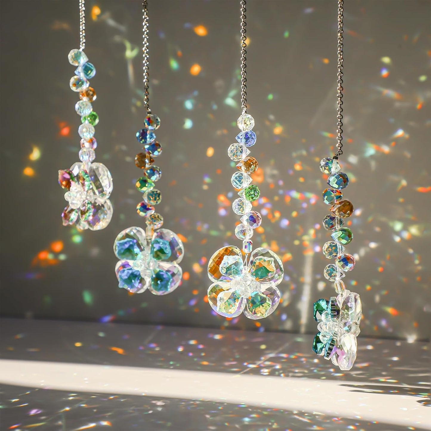 HDCRYSTALGIFTS 4pcs Four Leaf Clover Sun Catchers with Crystals Rainbow Prisms Window Suncatcher Hanging Indoor Decorations, St Patricks Day Accessories Spiritual Gifts for Women, Mom, Family, Friends