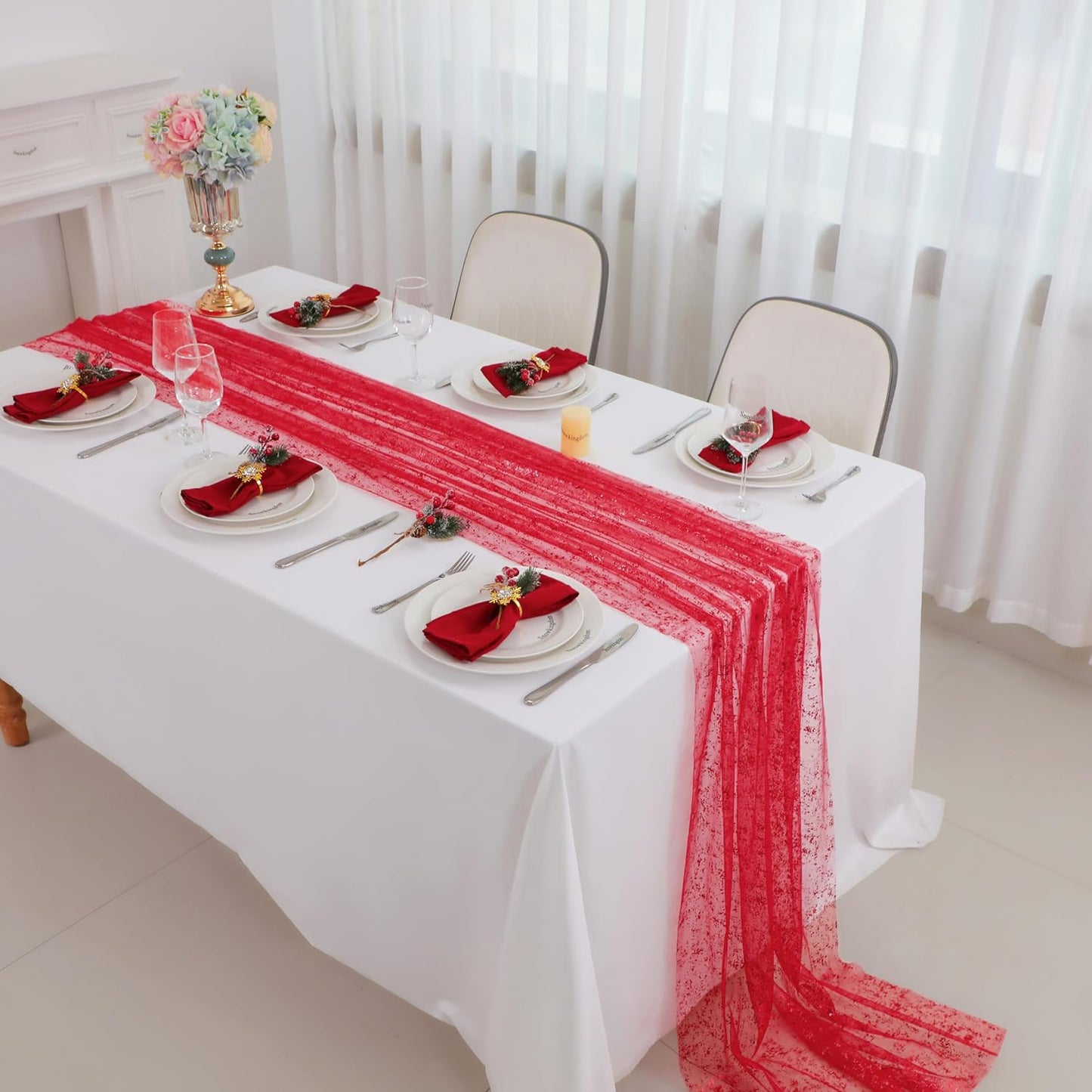 Snowkingdom Red Christmas Table Runner 10 FT, Glitter Metallic Foil Sheer Tulle Cheesecloth Gauze Runner 120 Inch, Red Table Centerpieces Decoration for Wedding Birthday Party Holiday