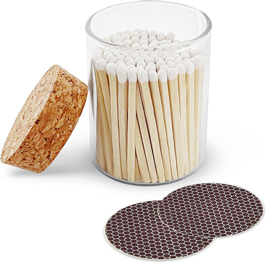 2" White Matches in a Jar + Striker Stickers Included | 100 Classy White Tip Decorative Safety Matches with a Cork Top Glass Holder | Gifts, Home Decor, & Candle Accessories by Thankful Greetings