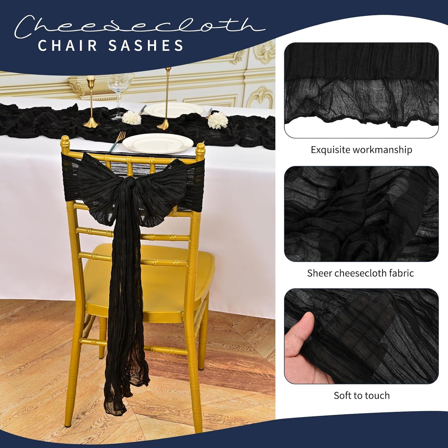 50 PCS Cheesecloth Chair Sashes, Bows Designed ChairSashes, 15.7x108 inch Chair Sashes for Aisle Decorations Universal Chairs Cover Decoration for Wedding Reception Party Banquet (Black)