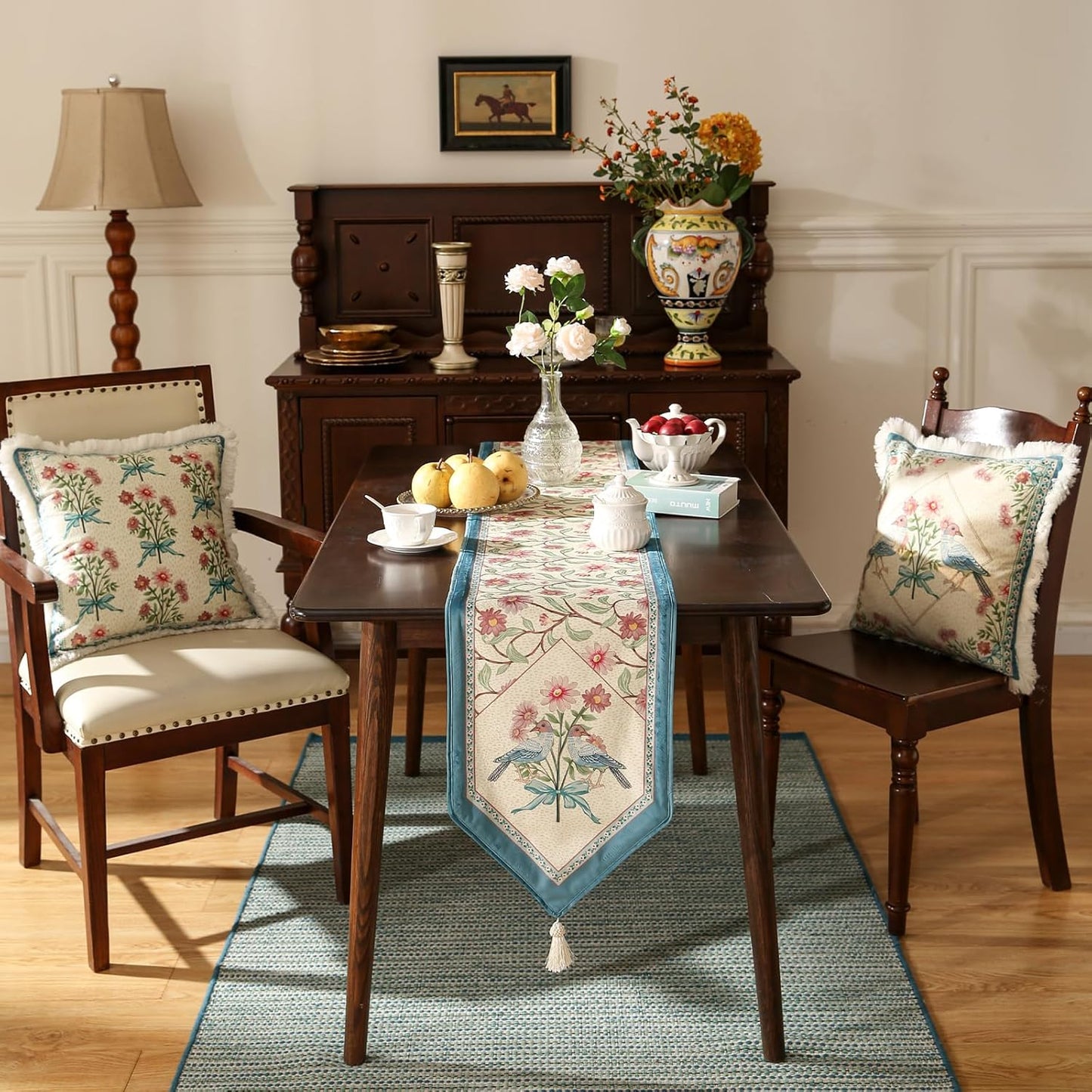 patdrea Designer French Elegant Wild Flowers Velvet Table Runner 87 Inch Long, Beige Pink Floral Pattern Table Mat, Decoration for Kitchen Dining Coffee Table Cabinet Banquet Thanksgiving,12"*87"