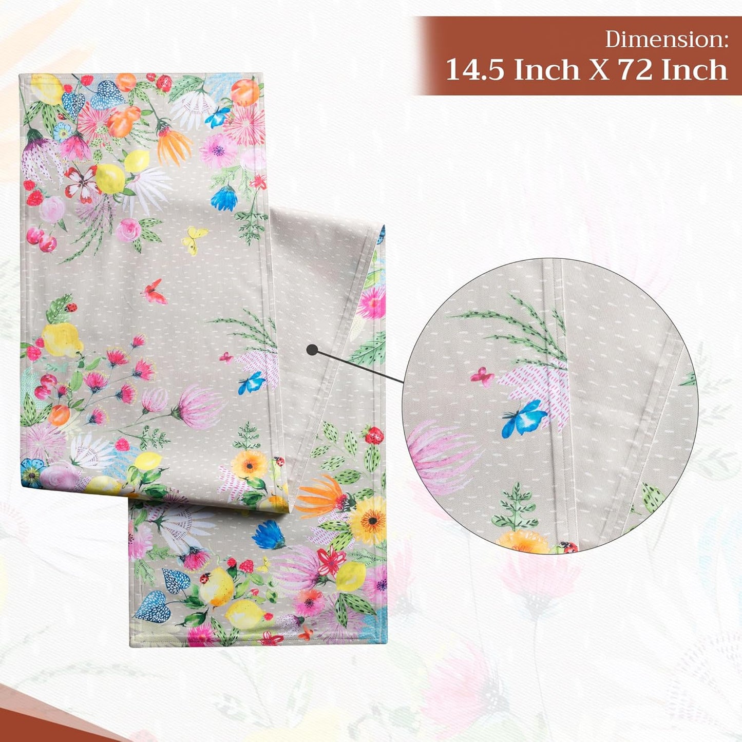 Maison d' Hermine Table Runner 100% Cotton Double Layer Table Runners 72 inches Long Decorative for Home Kitchen Dining Party Wedding Bridal Shower Spring Summer (Jardin D'Ete - Fog, 14.50" x 72")