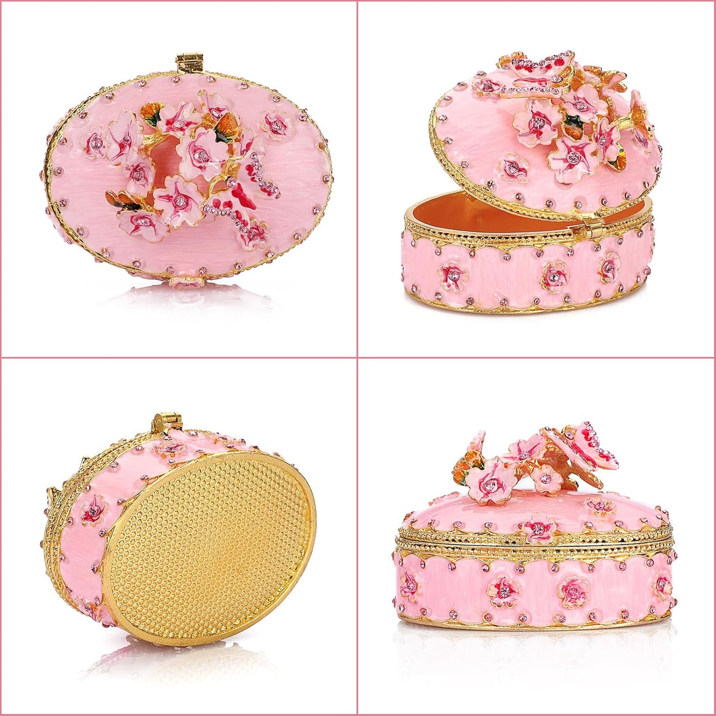 ELLDOO Enamel Flower Butterfly Trinket Box, Mini Vintage Metal Hinged Decorative Box Ring Earrings Jewelry Organizer, Keepsake Home Decor Gift Box for Women Girls, Pink
