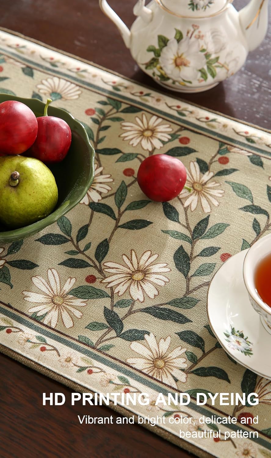 ISAENNE Designer Green Elegant Linen Table Runner 71 Inches Long,Flower and Leaves Pattern Wrinkle Resistant Table Runners for Dining Tables,Thanksgiving,Kitchen Tables,Christmas,12"*71"-Brune