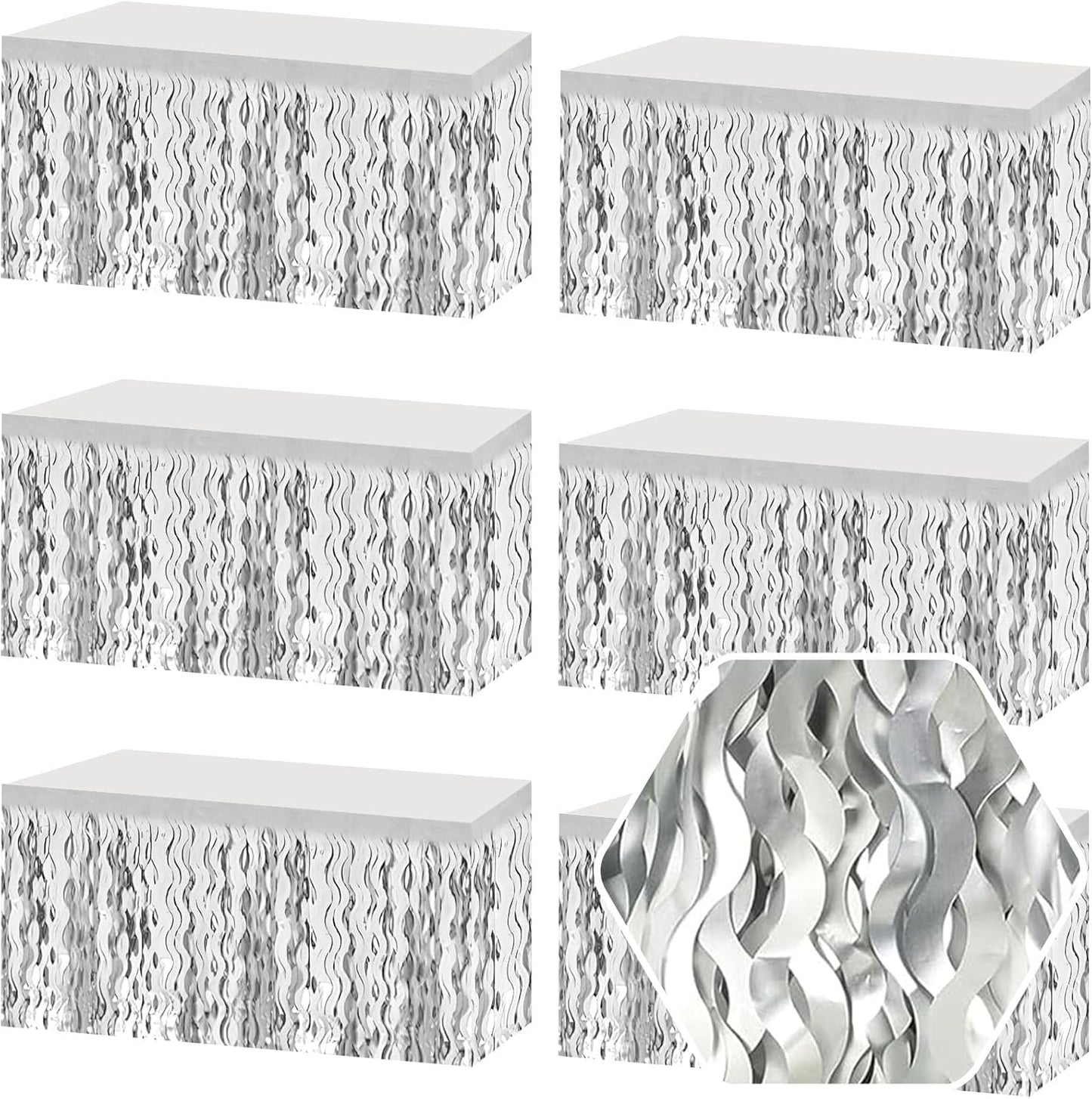 6 Pack 29 x108 Inch Silver Wave Foil Fringe Table Skirts Metallic Banner for Tinsel Streamer Garland Backdrop for Parade Floats, Mother's Day, Easter, Wedding, Birthday Party Decoration