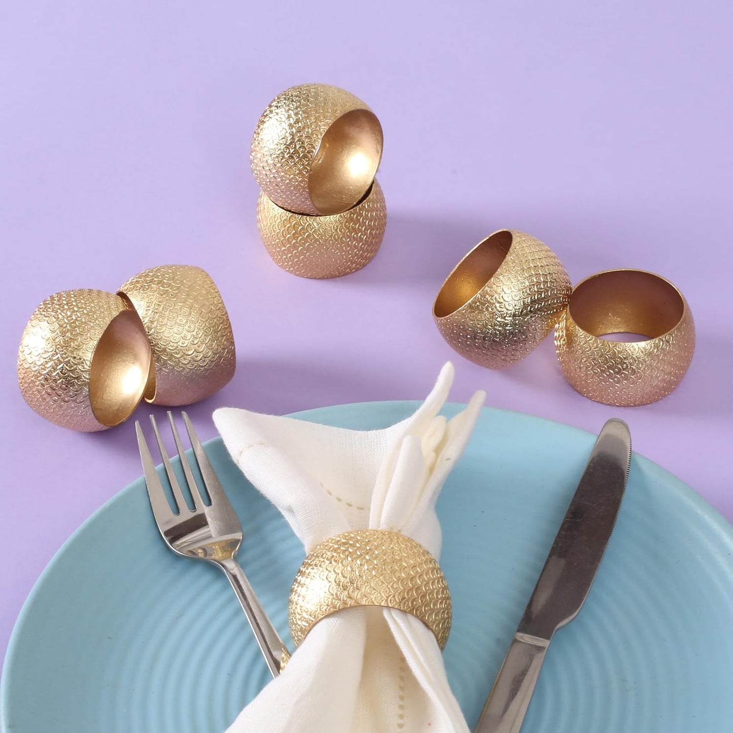 Napkin Holders for Cloth Napkins Set of 12 - Lightweight Metal Round Napkin Holder Hammered Textured,Elegant Table Décor for Weddings, Dinners, Holidays, Events, Kitchen & Dining (Gold) - CLEENTABLE