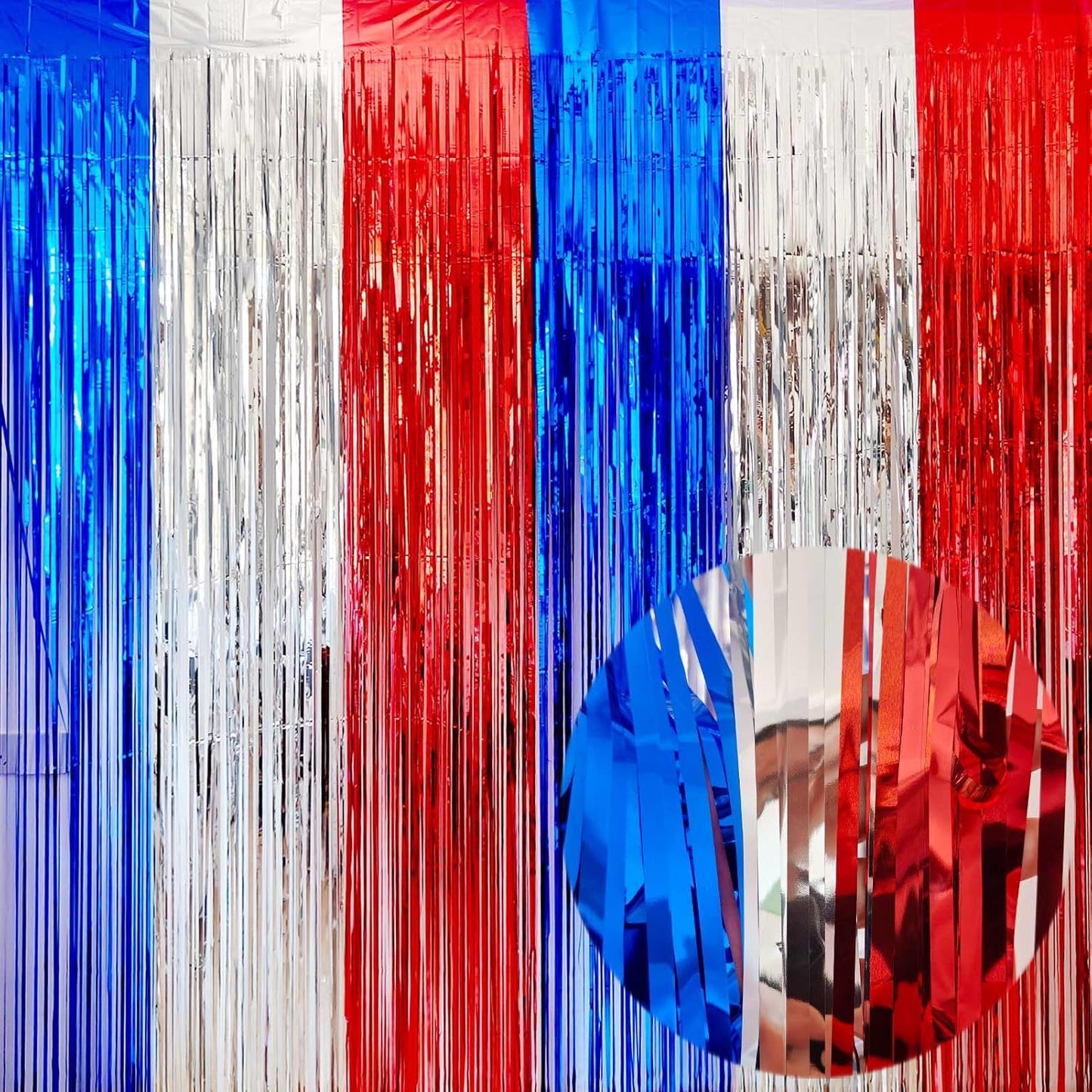 4th of July Decorations- 4 Pack of 3.2x8.2ft Red Silver Blue Tinsel Foil Fringe Curtains for Patriotic Party Memorial Day Independence Day Party Backdrop