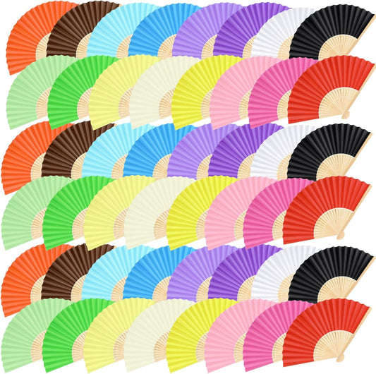 FEPITO 48 Pieces Handheld Paper Fan Paper Folding Fans with Bamboos for Wedding Gift, Party, Home, Multicolor