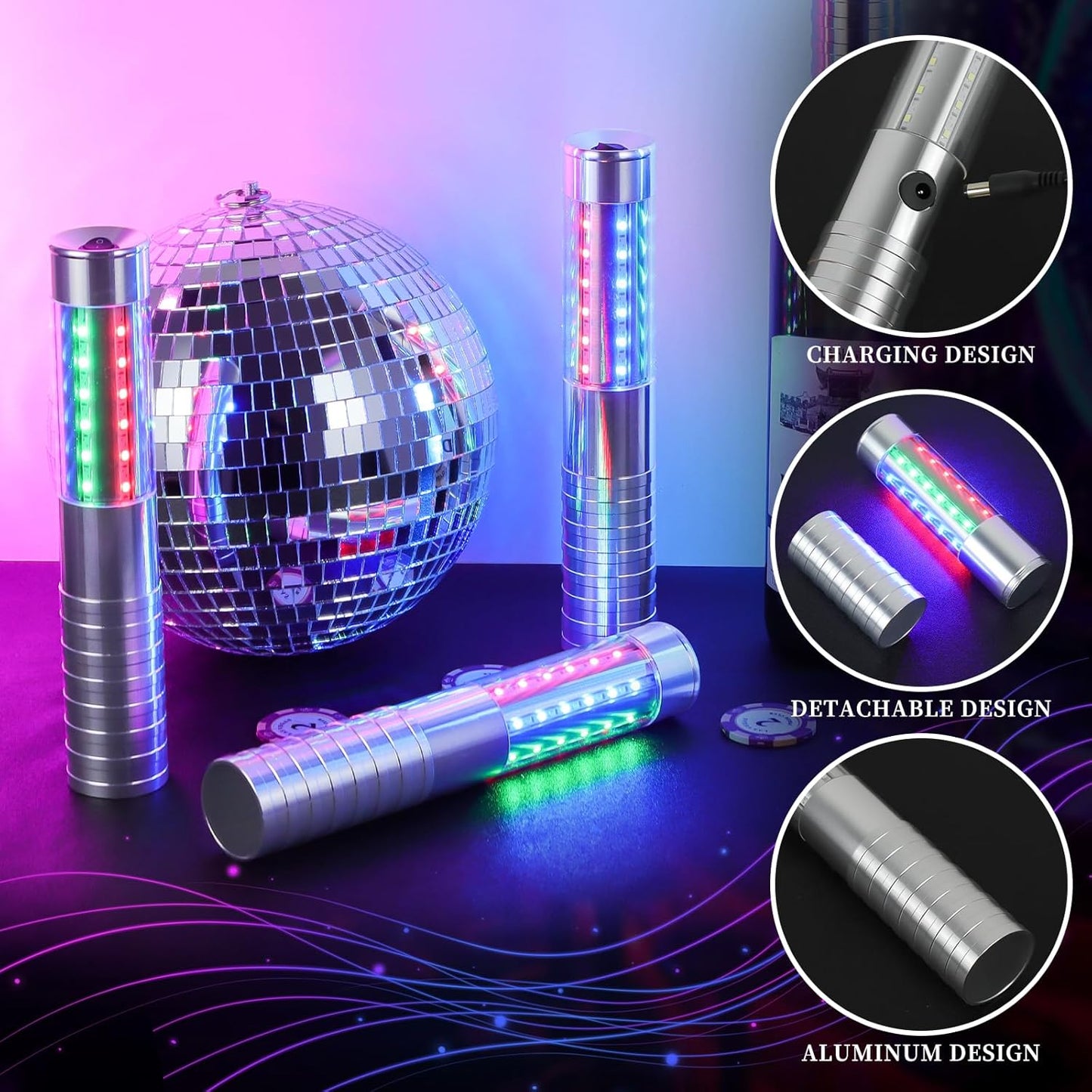8 Pieces RGB LED Strobe Baton Light Rechargeable Bottle Service Sparklers Stick Reusable Champagne Bottle Handheld LED for Club Stage Nightclub Party Concert Event Bar Outdoor - Silver