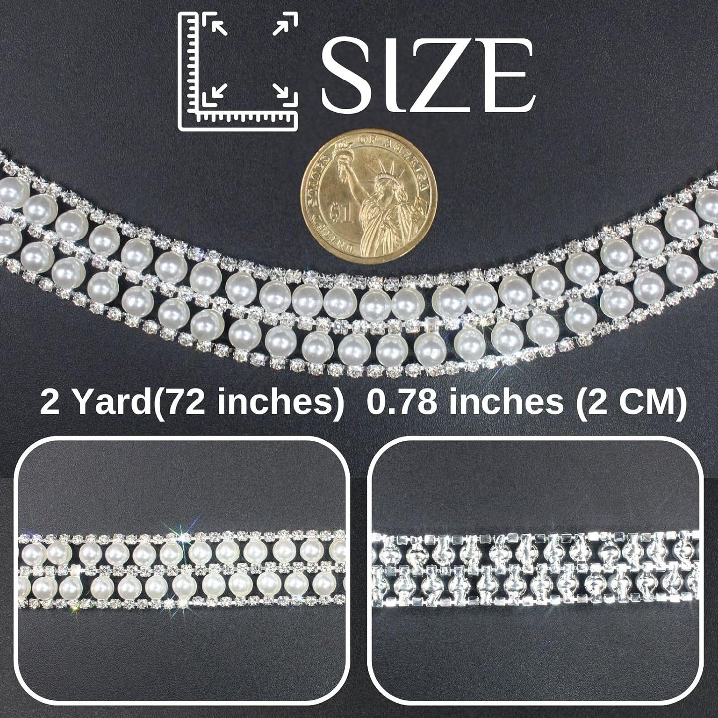 PEARLY JUN 2 Yards Pearl Rhinestone Trim Chain Silver Crystal Fringe Diamond Applique Ribbon String Tassel Strip for Sewing Wedding Dress Crafting Crafts Flower Embellishments