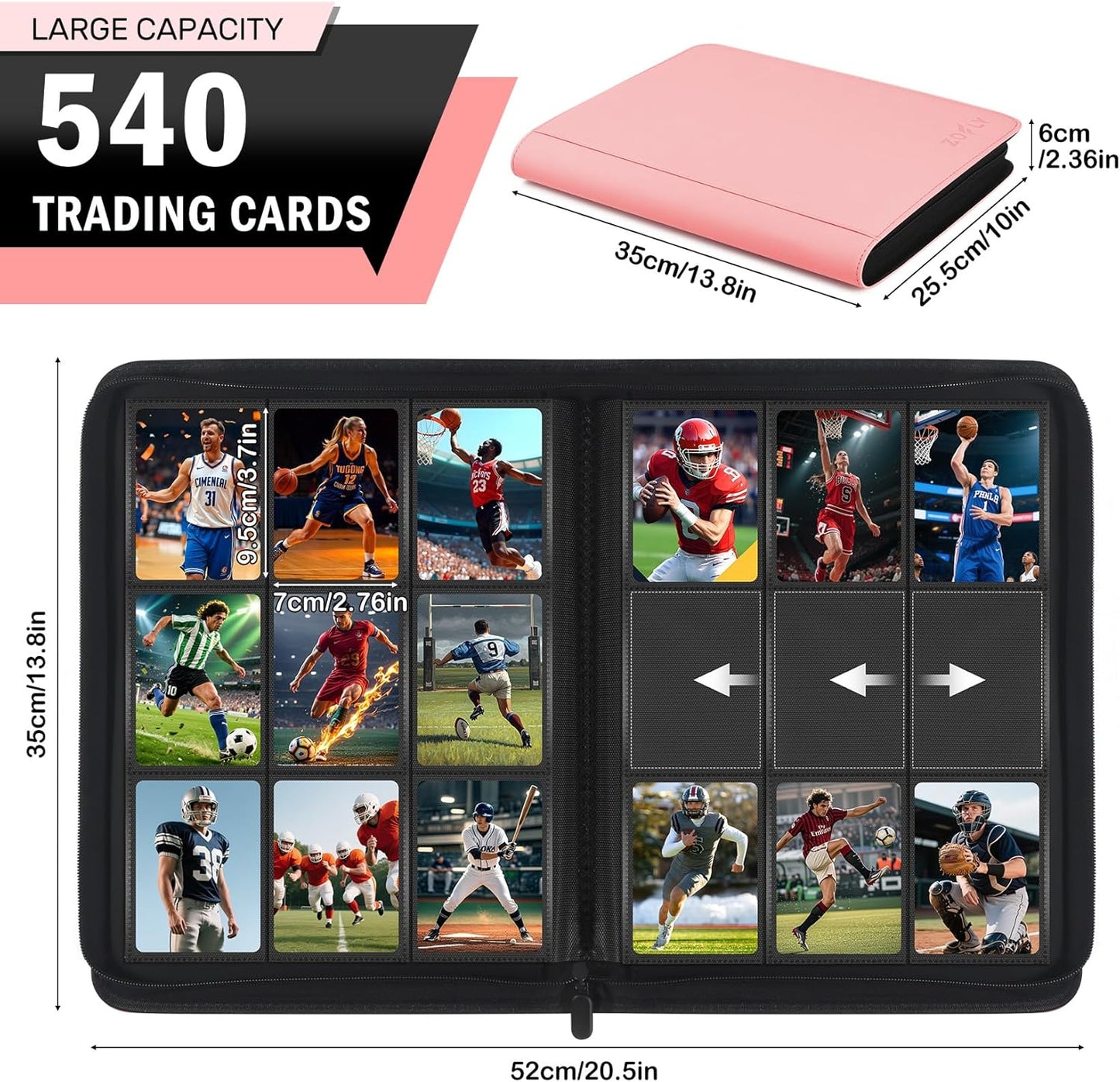 30 Pack 9 Pocket Card Binder, Premium Zip Trading Card Binder, 540 Large Capacity Side-Loading Card Storage Album, PU Card Collection Binder for Gifts, TCG, MTG, Baseball Football Sport Cards, Pink