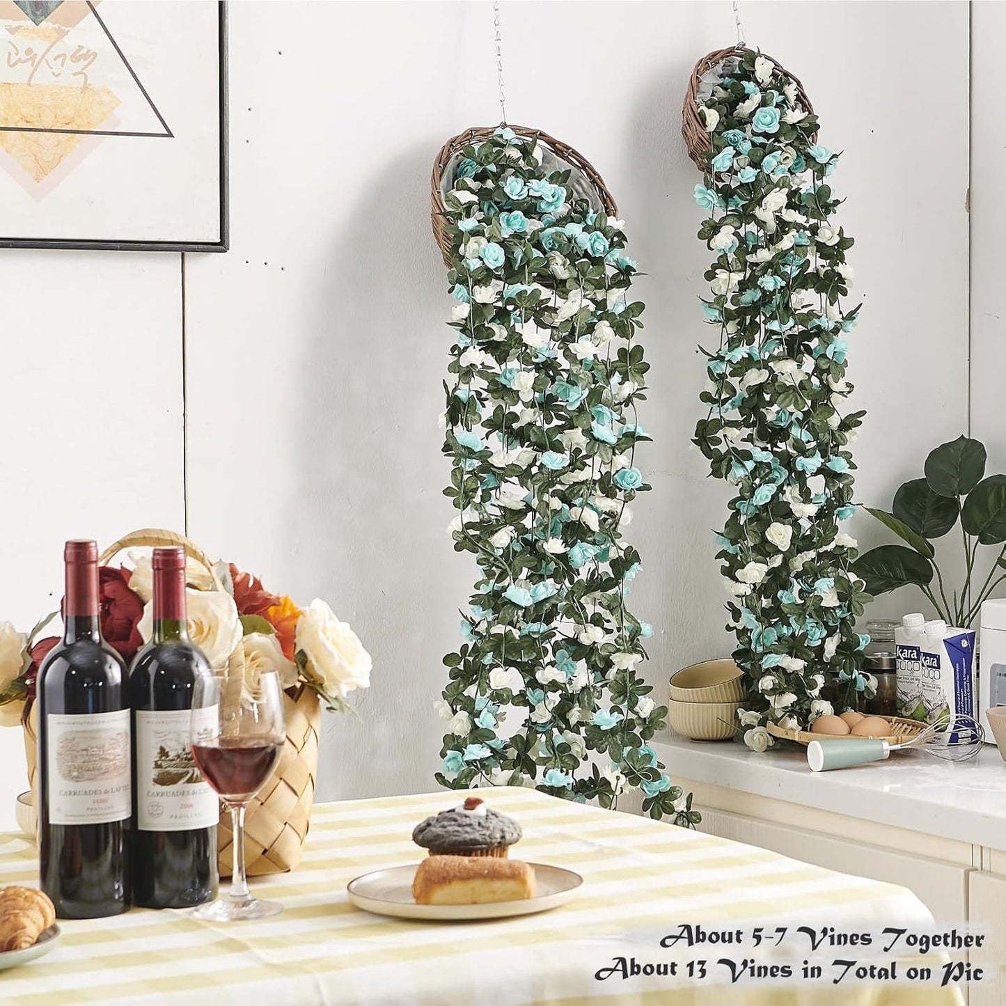 6 Pcs x 8.2 ft Flower Garland Artificial Rose Vine Flowers with Green Leaves Hanging Fake Roses Vine for Room Party Home Wedding Birthday Christmas Wall Arch Decor, White Blue Flower