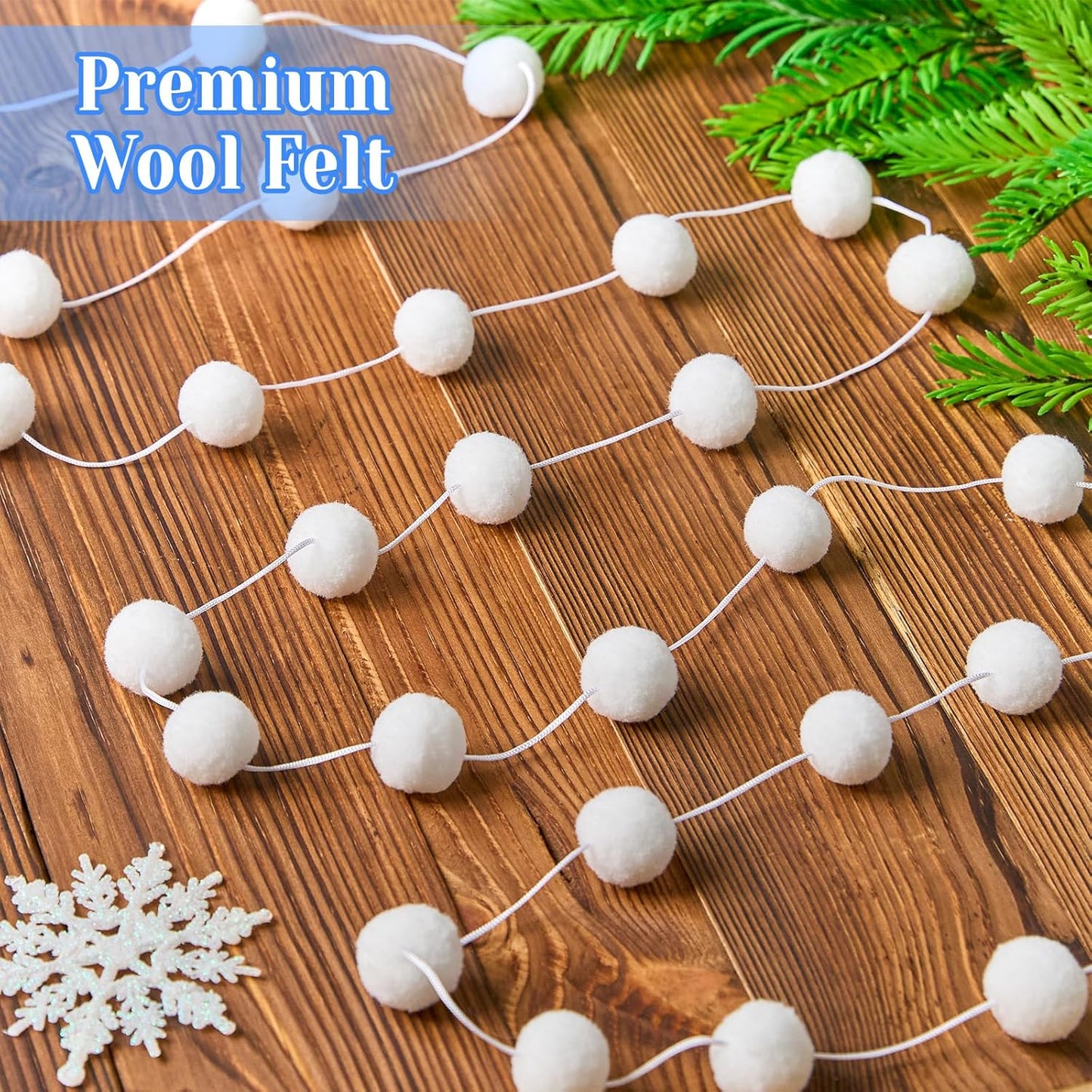 3 Pack Pom Pom Garland Colorful Felt Ball Garland Decorations, 6.5 Feet Long with 30 Balls Banner Hanging Supplies for Christmas, Birthday, Parties (White)