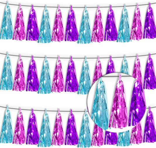 3P Lake Blue Purple-Hot Pink Metallic Fringe Tassel Banner Garland Foil Tinsel Streamer Wall Hanging Curtain Backdrop Banner for Parade Floats,Graduation Decorations, Wedding Party Decoration