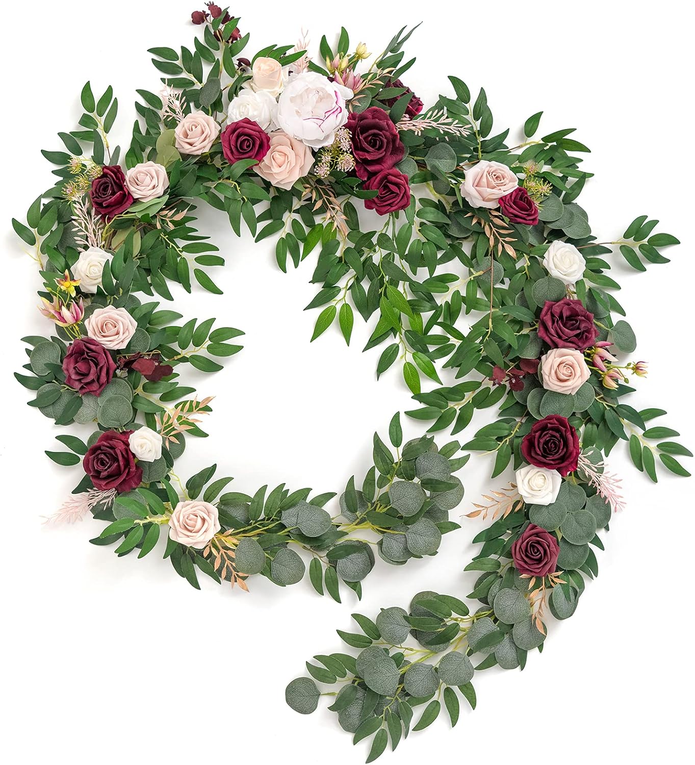 Ling's Moment 9FT Spring Flower Garland - Wedding Arch Flowers, Eucalyptus & Rose, Artificial Floral Garland for Mantle - Sweetheart Table Decor for Reception, Backdrop Decorations, Marsala