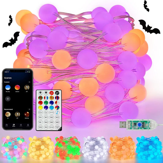 Smart Color Changing Halloween Lights, 33FT 66LED App Control RGB Globe String Light with Remote & Timer, Music Sync Twinkle Christmas Tree Light Waterproof Indoor Outdoor Halloween Decorations