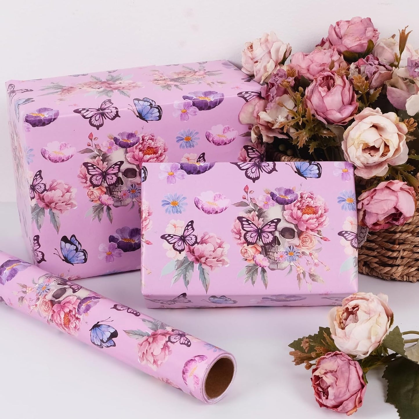 Aimyoo Gothic Wrapping Paper Roll, 17 Inch X 16.5 Feet Skull Floral Butterfly Design Gift Wrap Paper for Mother's Day, Birthday Bridal Shower