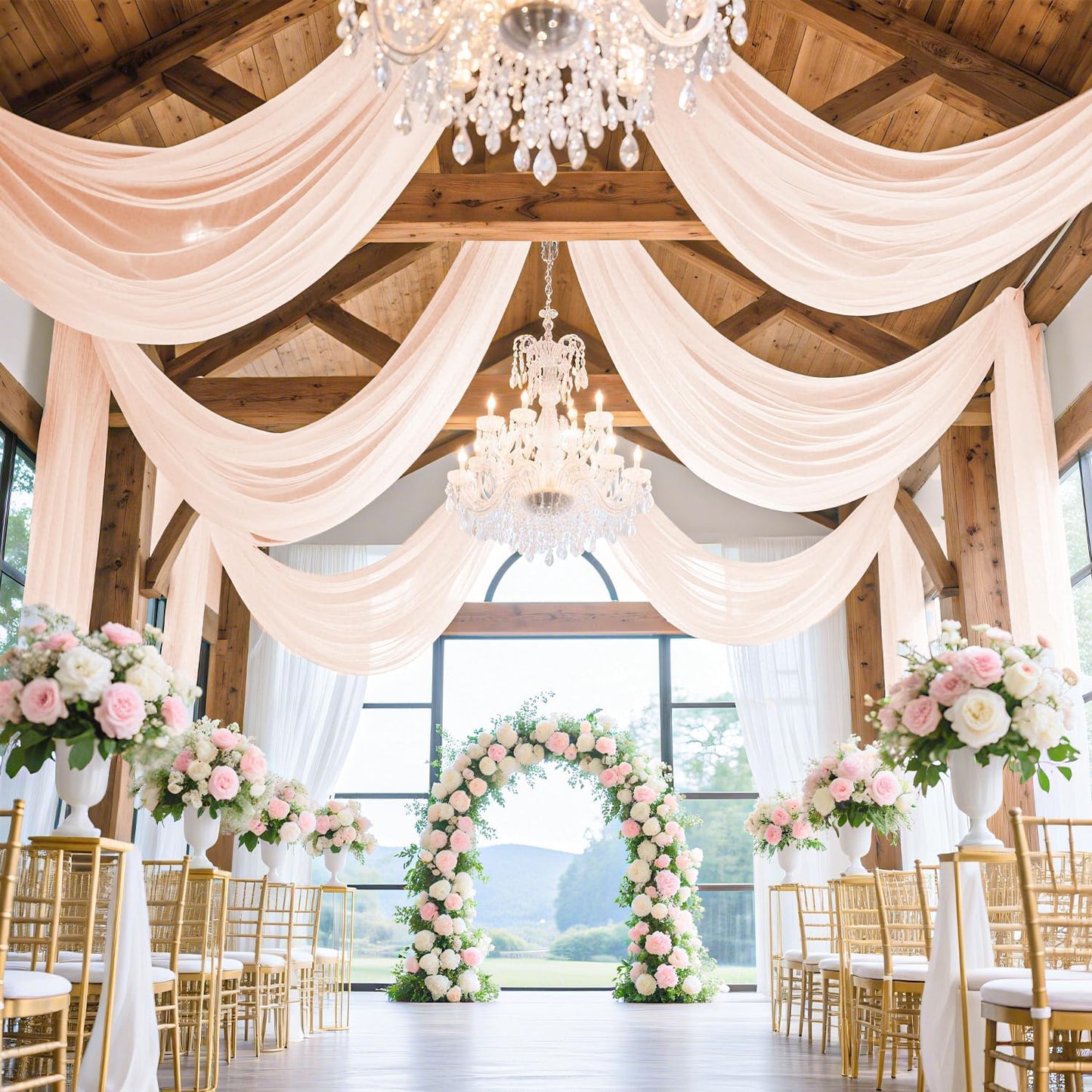 Wedding Arch Draping Fabric 5FTx20FT 2 Panels Ceiling Drapes Champagne Party Decorations Chiffon Backdrop Swag Curtains Sheer Fabric Wedding Arch Drapery Ceiling Tent Drape Decor for Altar Stage