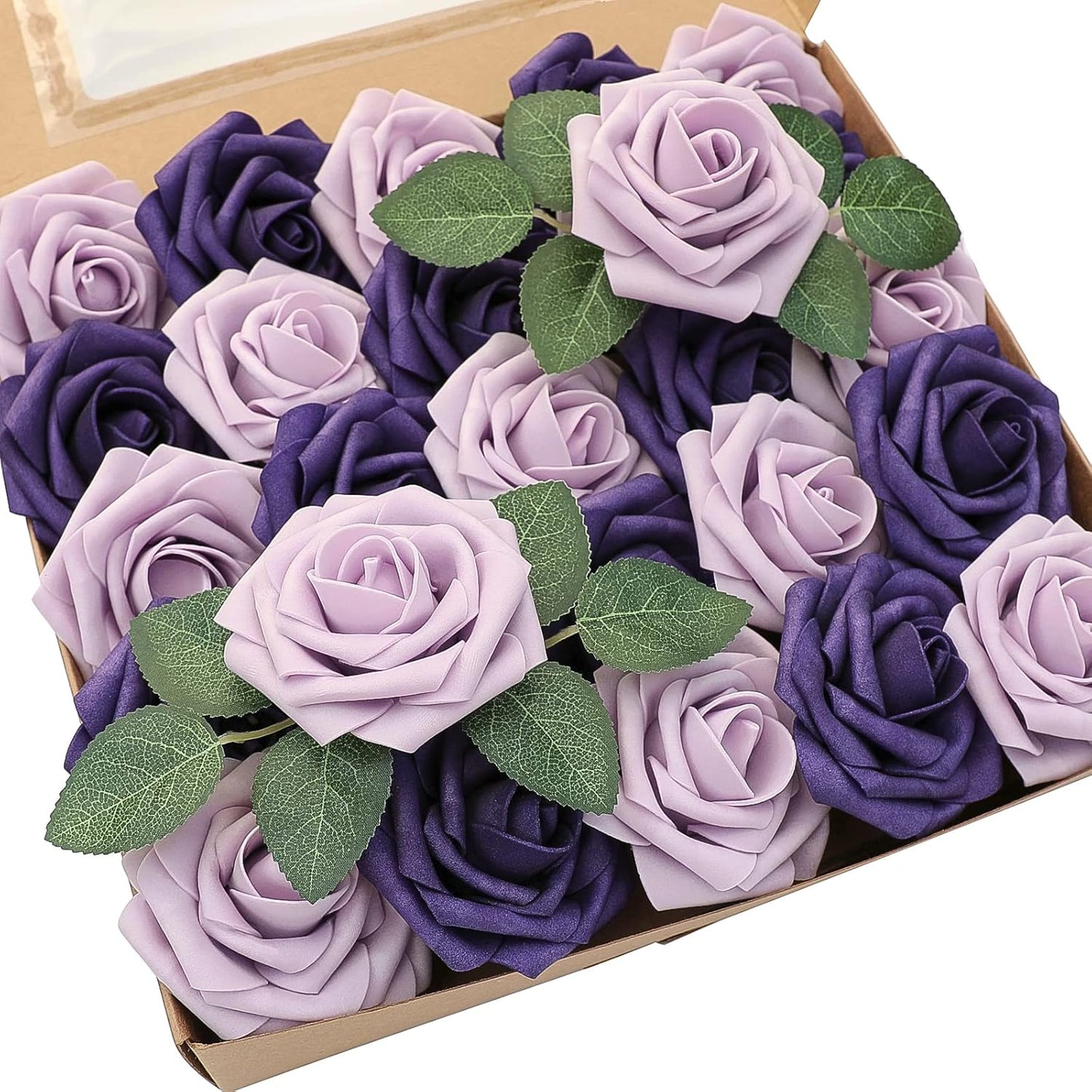 Floroom Artificial Flowers 25pcs Real Looking Lilac & Purple Foam Fake Roses with Stems for DIY Wedding Bouquets Bridal Shower Centerpieces Floral Arrangements Party Tables Home Decorations