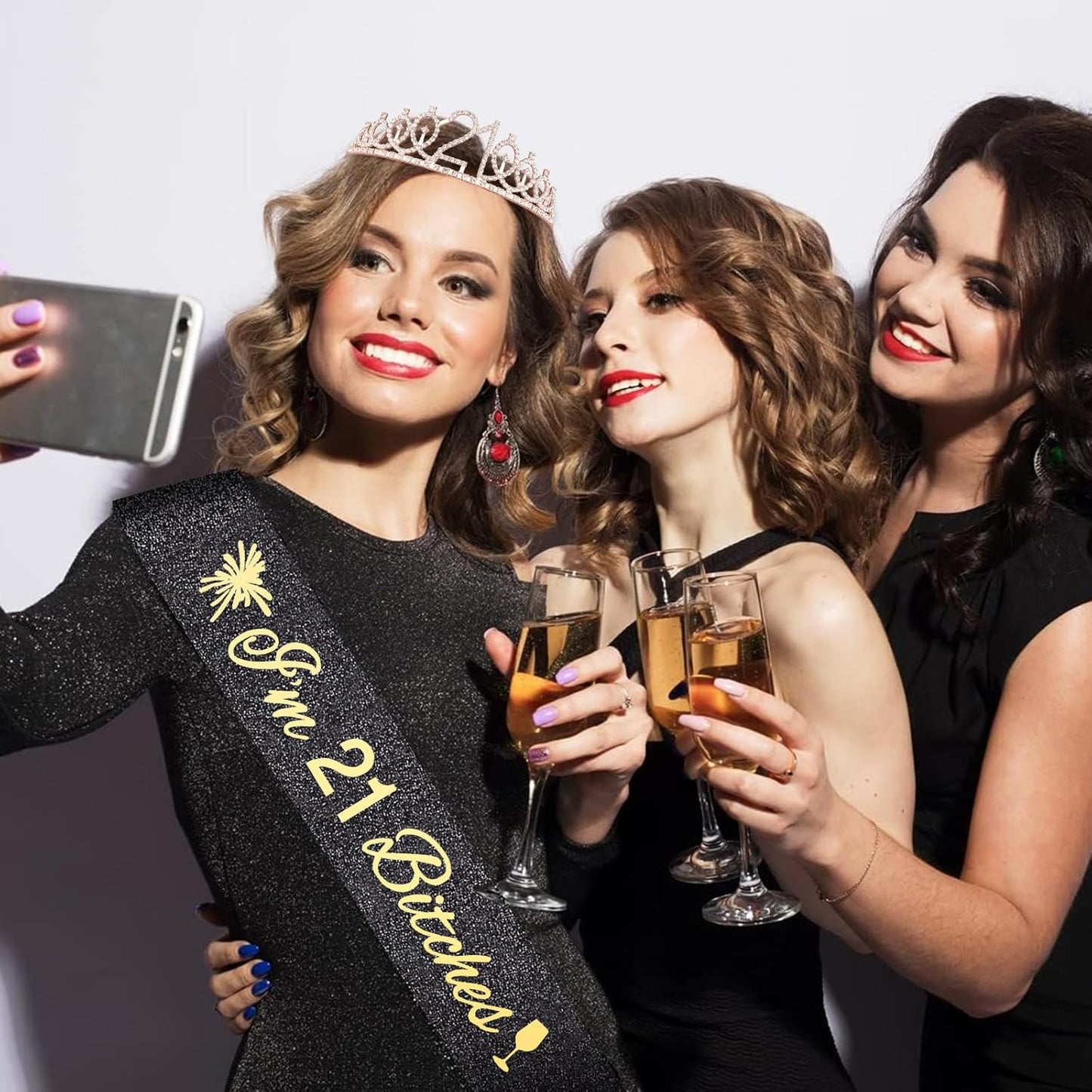 Glitter Black 21st Birthday Sash, Rhinestone Rose Gold Tiara, Cake Topper and Candles, 21st Birthday Decorations for Her