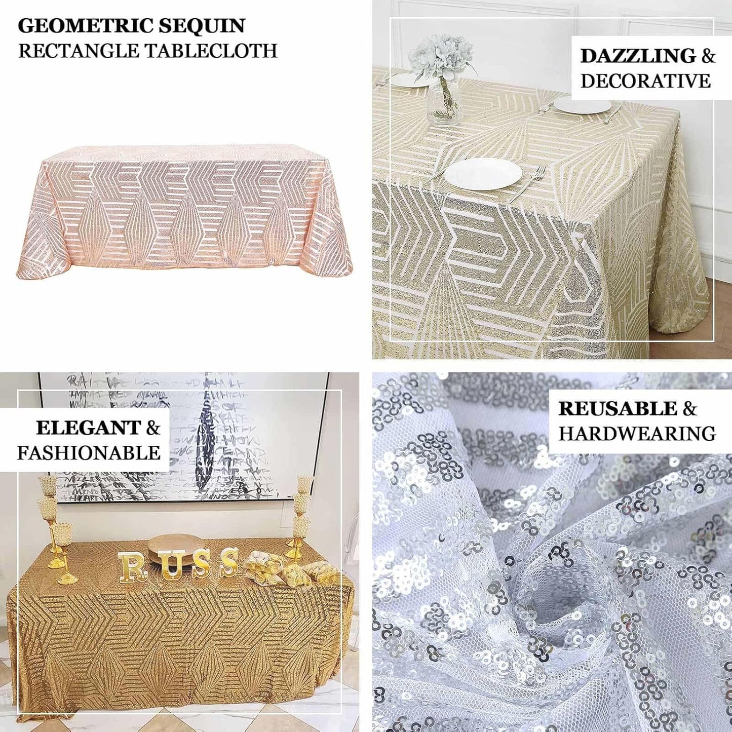 Efavormart 90"X132" Blush Rose Gold Sparkly Sequin Geometric Tulle Rectangular Tablecloth