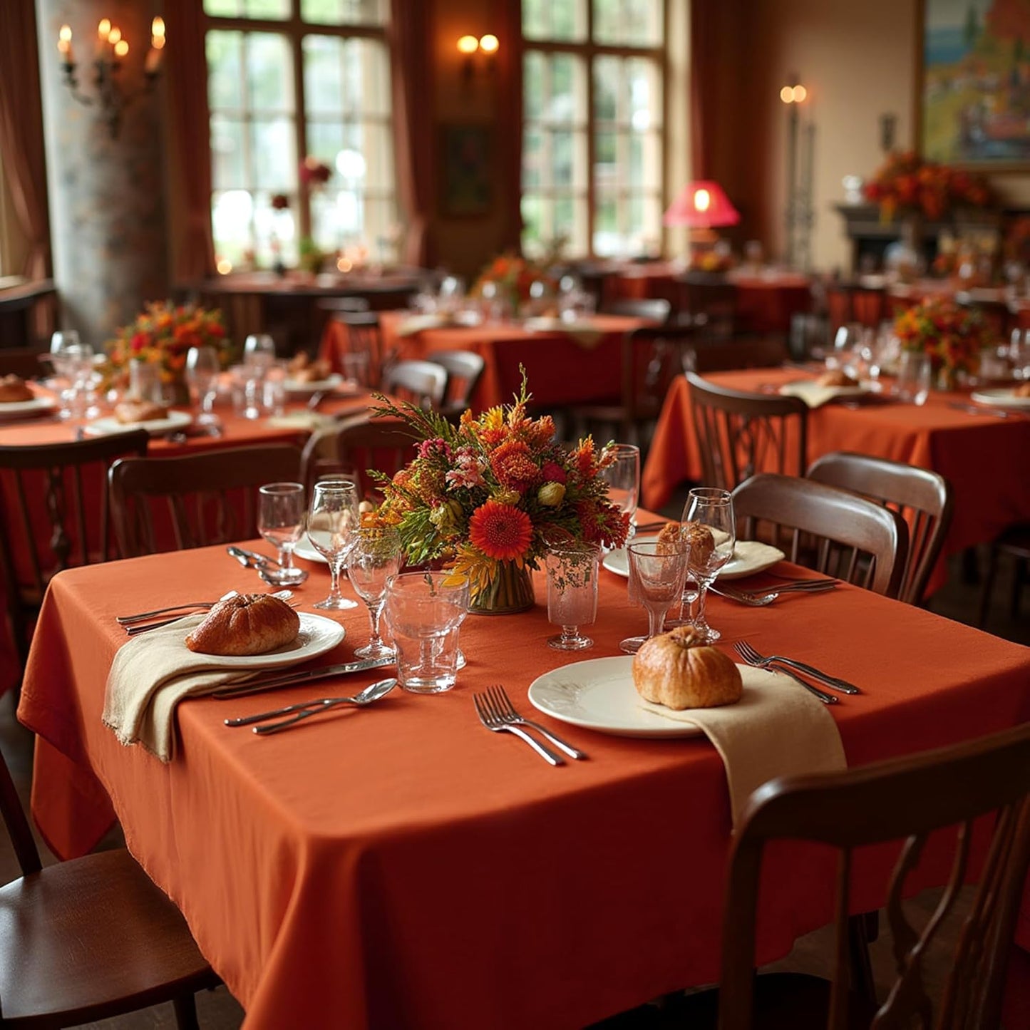 sancua Thanksgiving Square Tablecloths 70x70 Inch Rust, 2 Pack Fabric Fall Table Cloth for Square or Round Tables, Burnt Orange Washable Polyester Table Cover for Dinner, Holiday Party, Display Tables