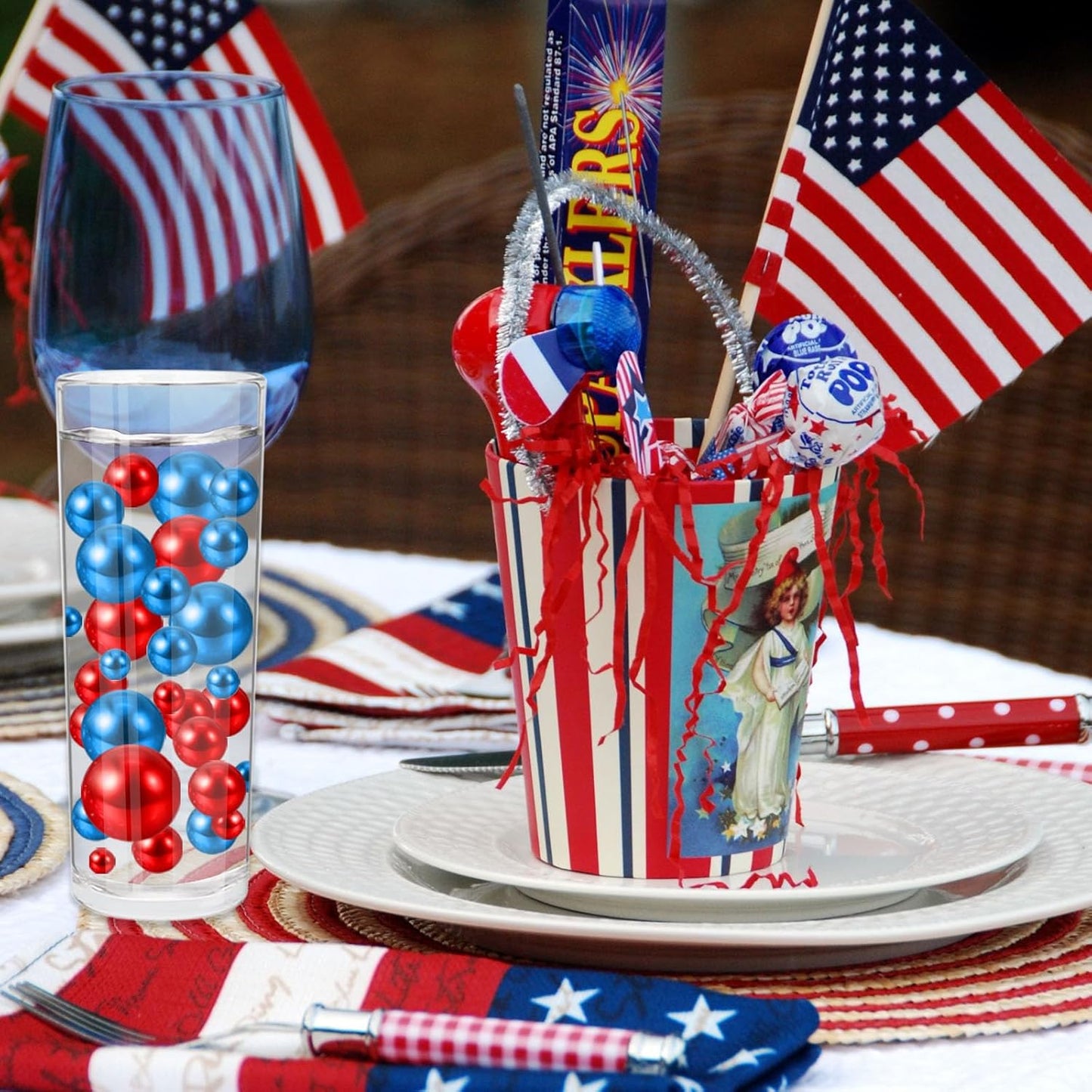 100PCS Red Blue Faux Pearls Beads for Centerpiece Vases, Vase Filler Faux Pearls, No Holes Filler Beads for Independence Day Party Anniversary Fourth of July Table Decor, 14/20/30mm