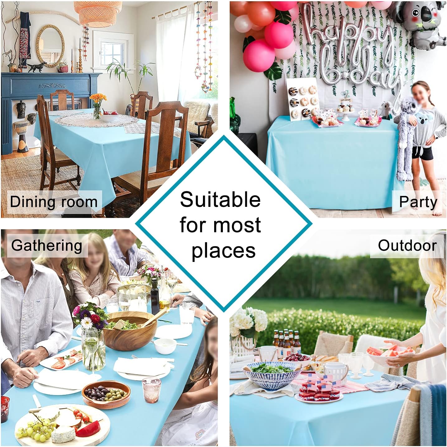 Hiasan Waterproof Tablecloth Rectangle - Washable Fabric Table Cloth for Dining Room Kitchen Birthday Party and Outdoor Use, Sky Blue, 54 x 108 Inch