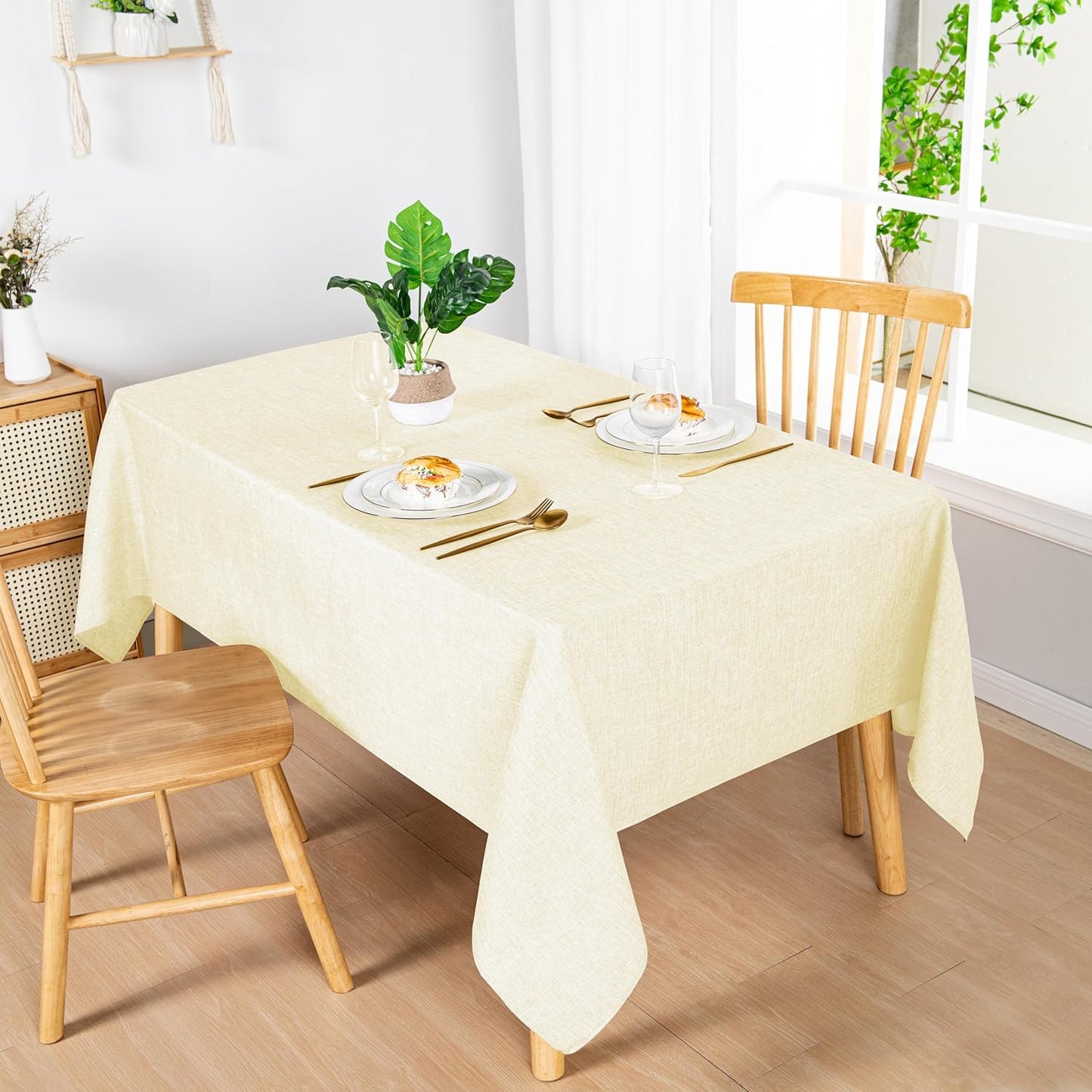 Hiasan Faux Linen Rectangle Tablecloth - Wrinkle and Stain Resistant Washable Table Cloth for Kitchen Dining Room Holiday Table Cover for Dinner, Champagne, 70 x 120 Inch