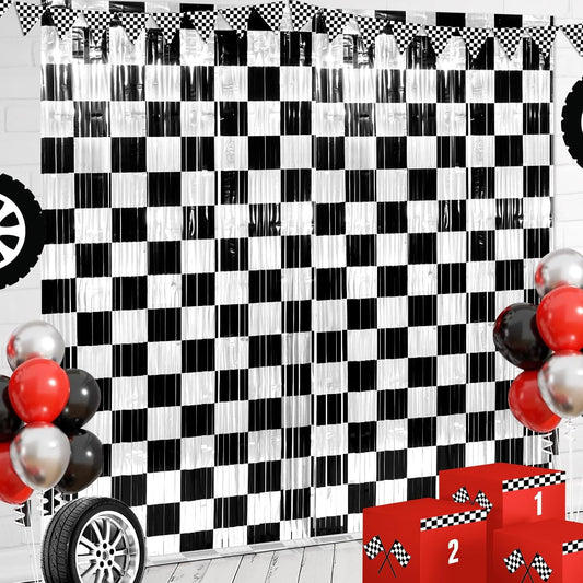 3 Pack 3.3Ft x 6.6Ft Race Car Checkered Foil Fringe Curtain Backdrop Decorations, Black White Metallic Tinsel Foil Streamers Curtain Photo Booth for Race Car One Happy Dude Birthday Party Decorations