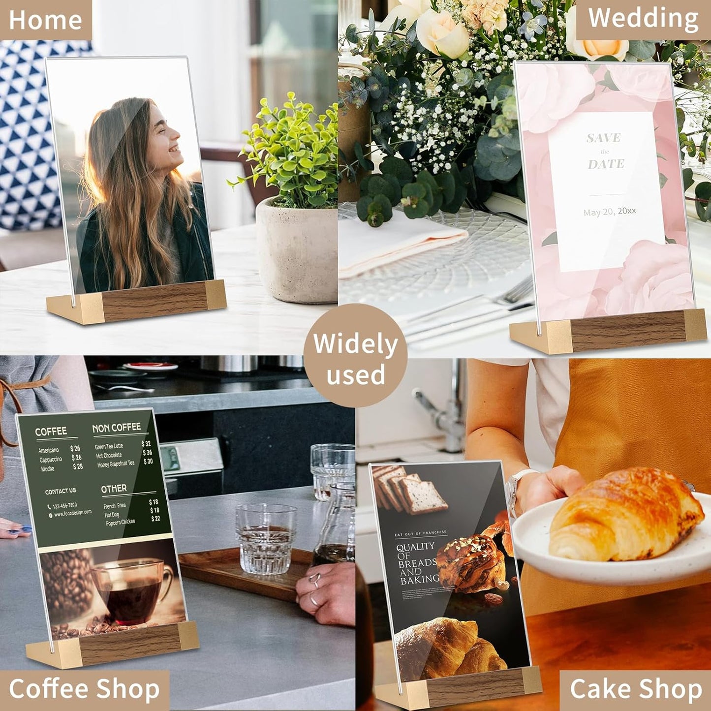 Acrylic Mini Sign Holder 4x6 Inch with Wood-Color Base, Acrylic Tabletop Display Sign Frame Vertical Clear for Store/Coffee Shop/Restaurant Menu Hotel/Office Display Holder, 2 Pack L Shape